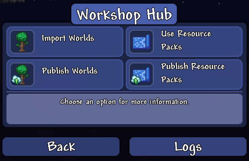 Terraria screenshot showing the Steam Workshop Hub.