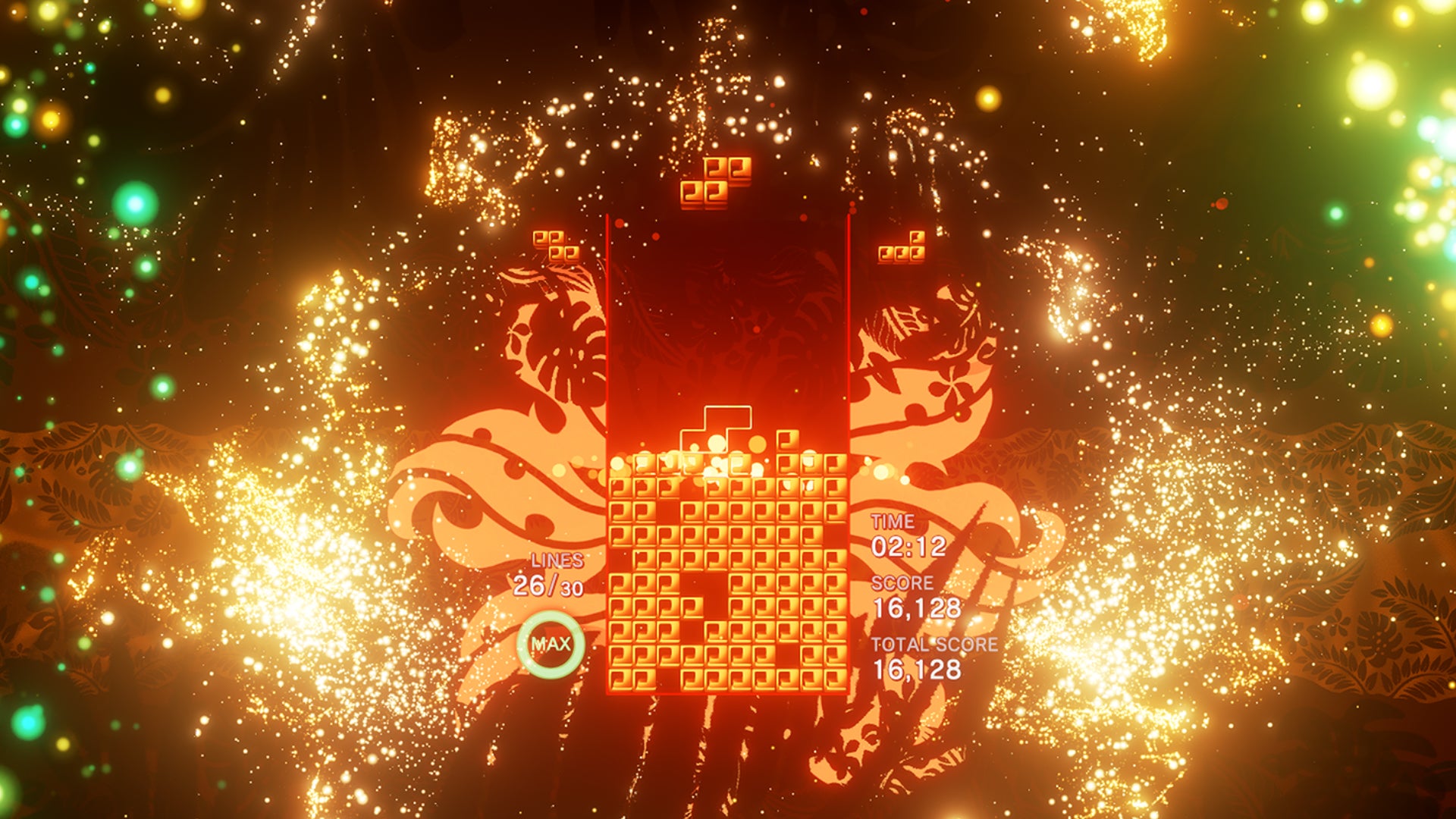 A screenshot from Tetris Effect.