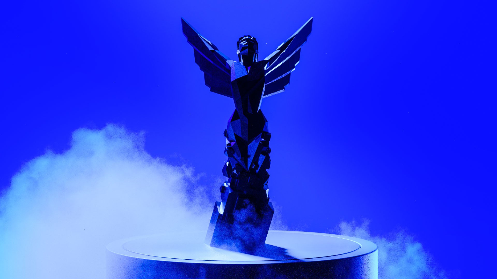 A trophy from The Game Awards 2021 on a blue background