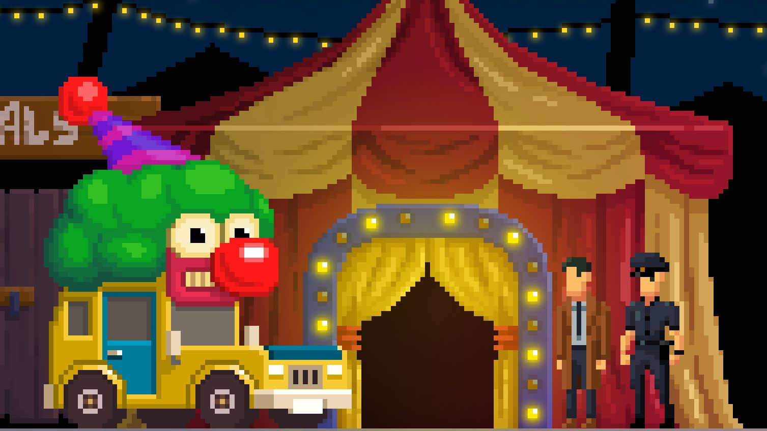 Detective McQueen and Officer Dooley stand in front of a yellow and red striped circus tent. They are looking at a yellow clown car, which has a giant grimacing clown face on top of it/
