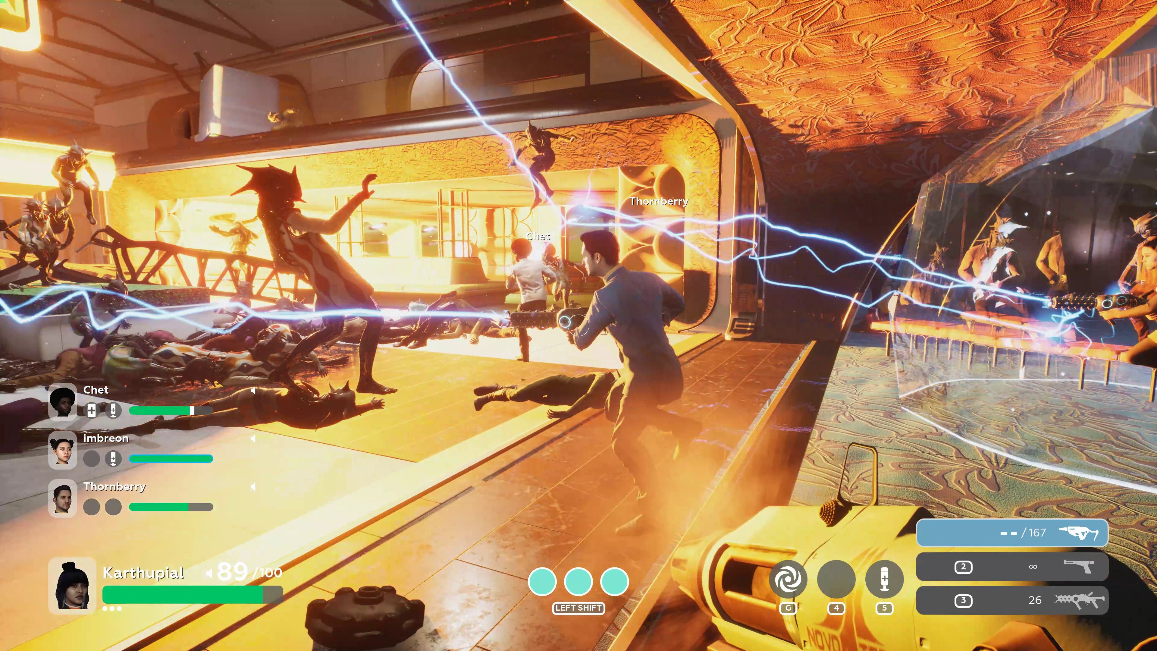 Humans carry a lightning bolt gun against a horde of aliens in The Anacrusis