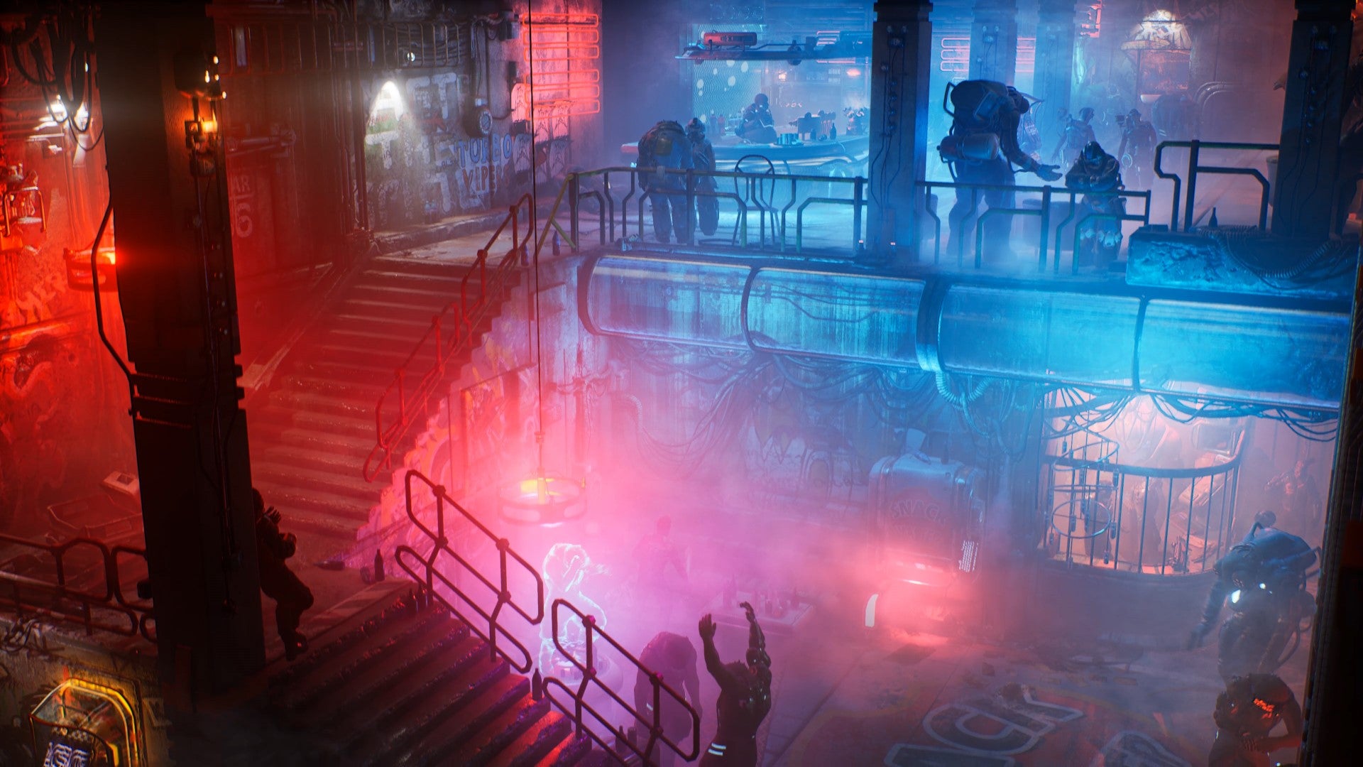 An image of the The Ascent which shows a neon-lit, underground club.