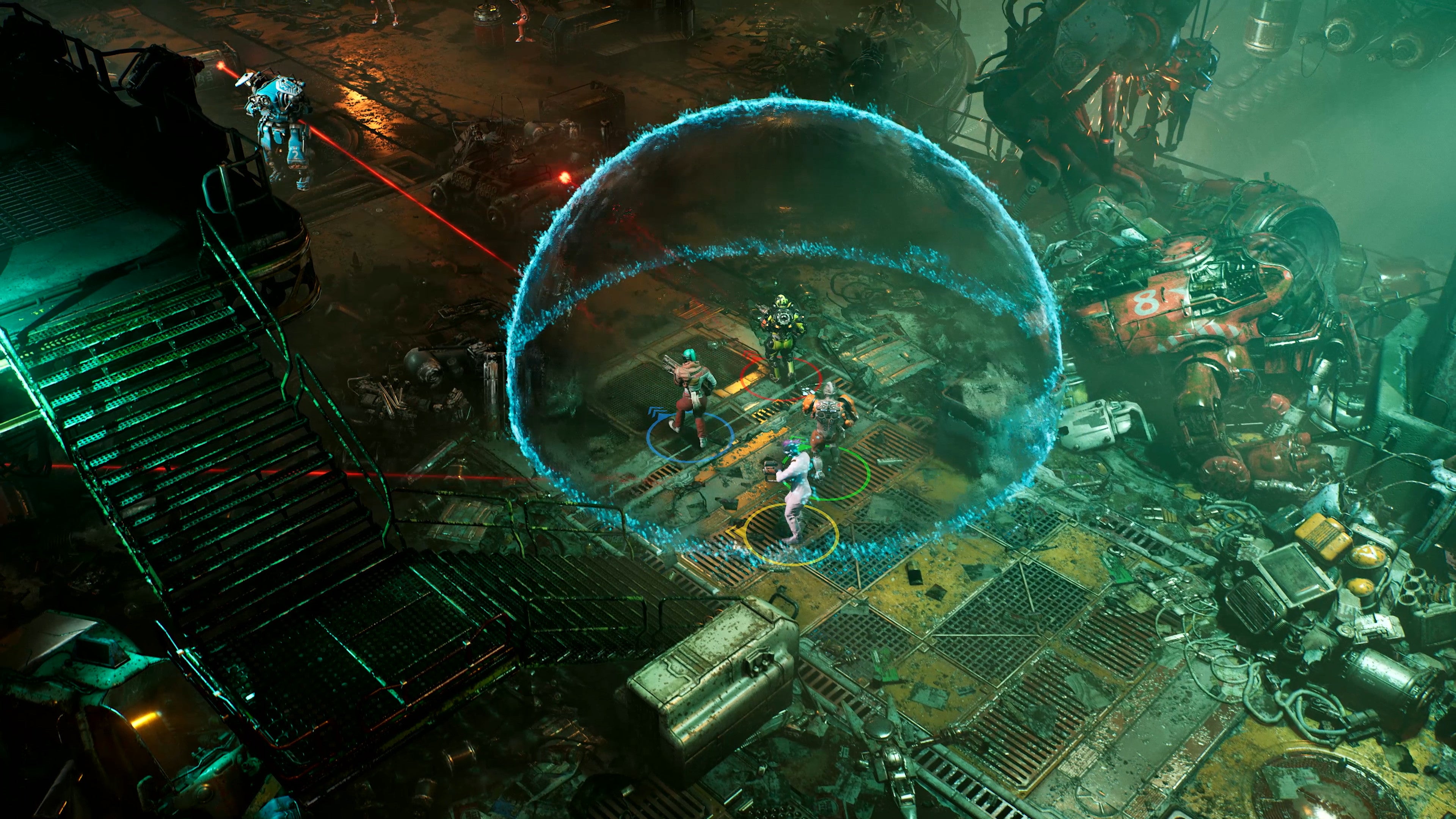 The Ascent - Four player characters stand inside a blue shield dome while aiming at a mechanical enemy while standing in a cluttered, metal terrace full of mechanical scrap heaps.