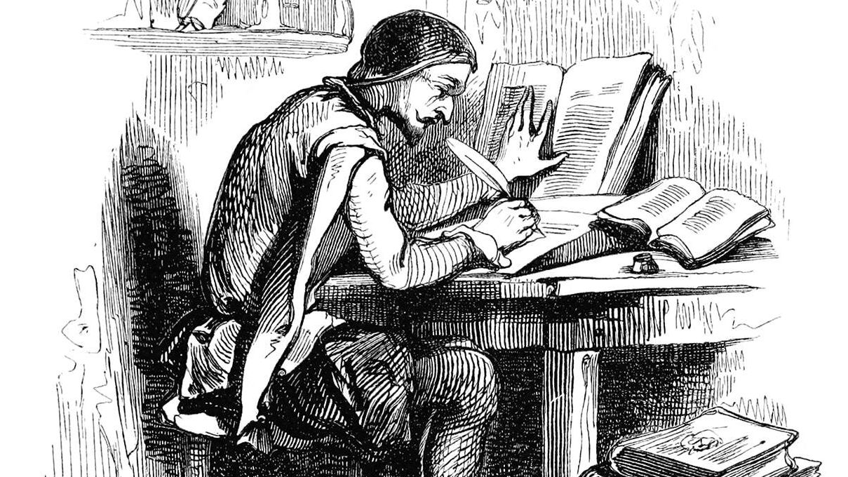 A wood engraving of a man with a pointed beard leaning over a desk and writing with a quill pen. Stacks of books surround him. The full engraving is called Author, by Tony Jahonnot