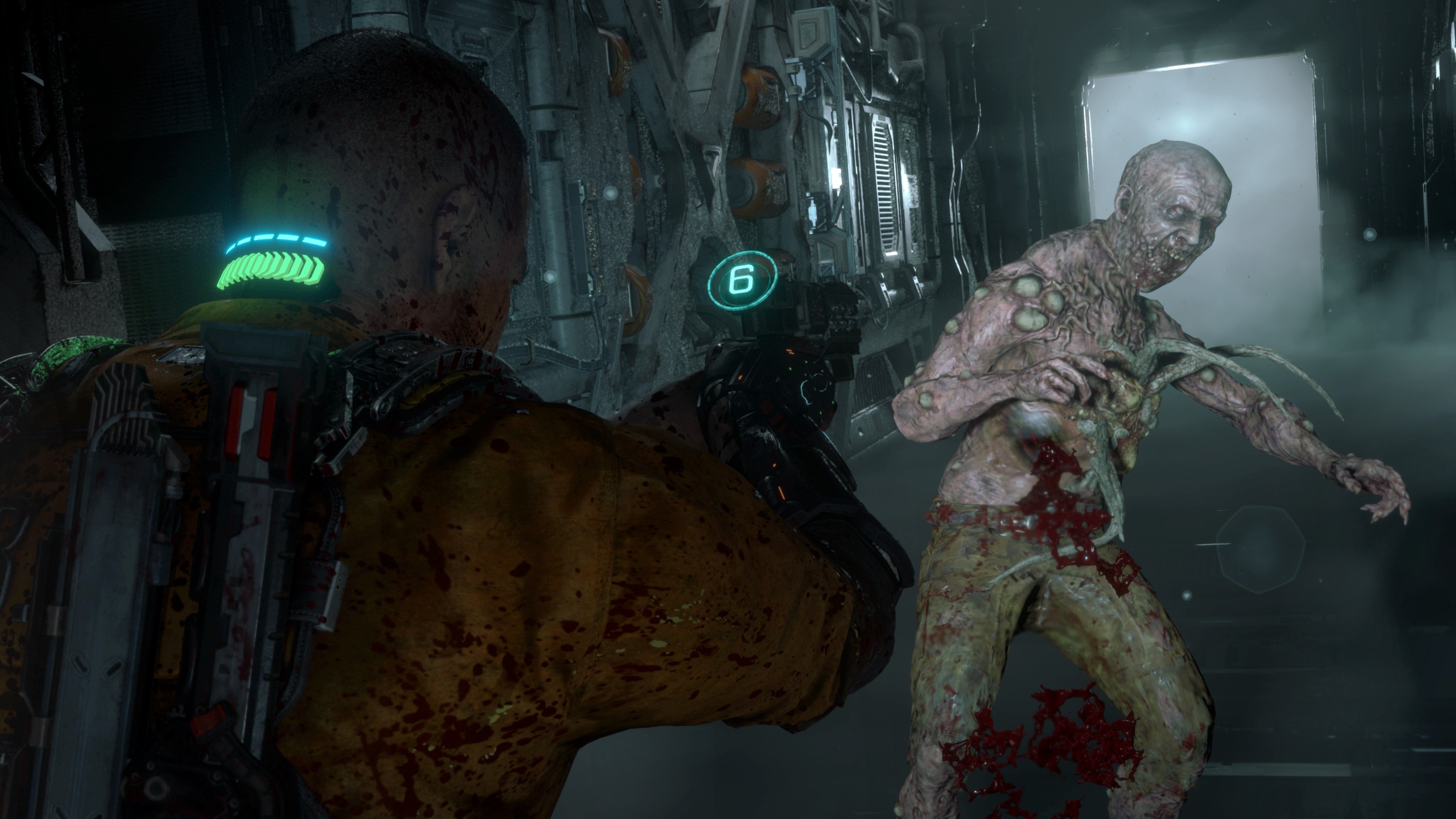 Jacob raises his pistol at a biophage with tentacles pouring out of its stomach in The Callisto Protocol.