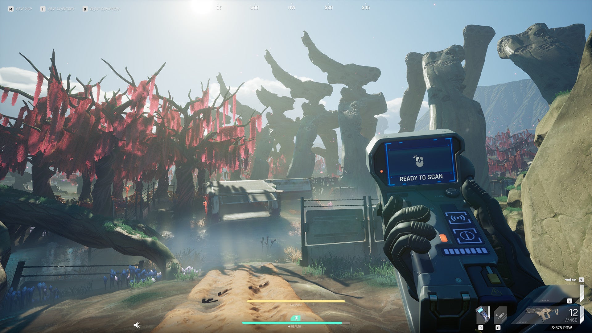 A screenshot from The Cycle which shows a player hold a mineral scanner in the air.