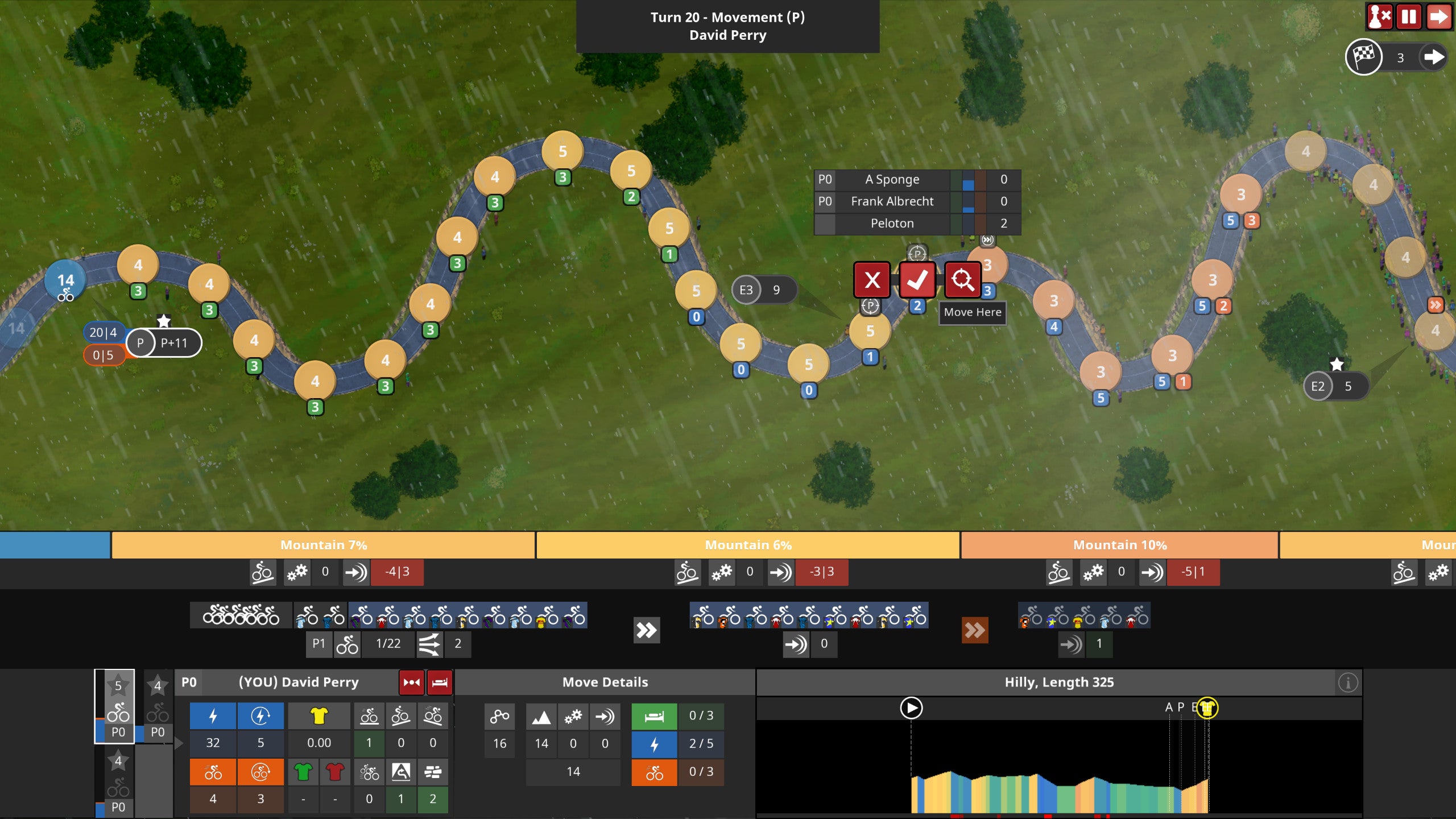 A top-down view of a gruelling uphill bicycle race in a The Cyclist: Tactics screenshot.