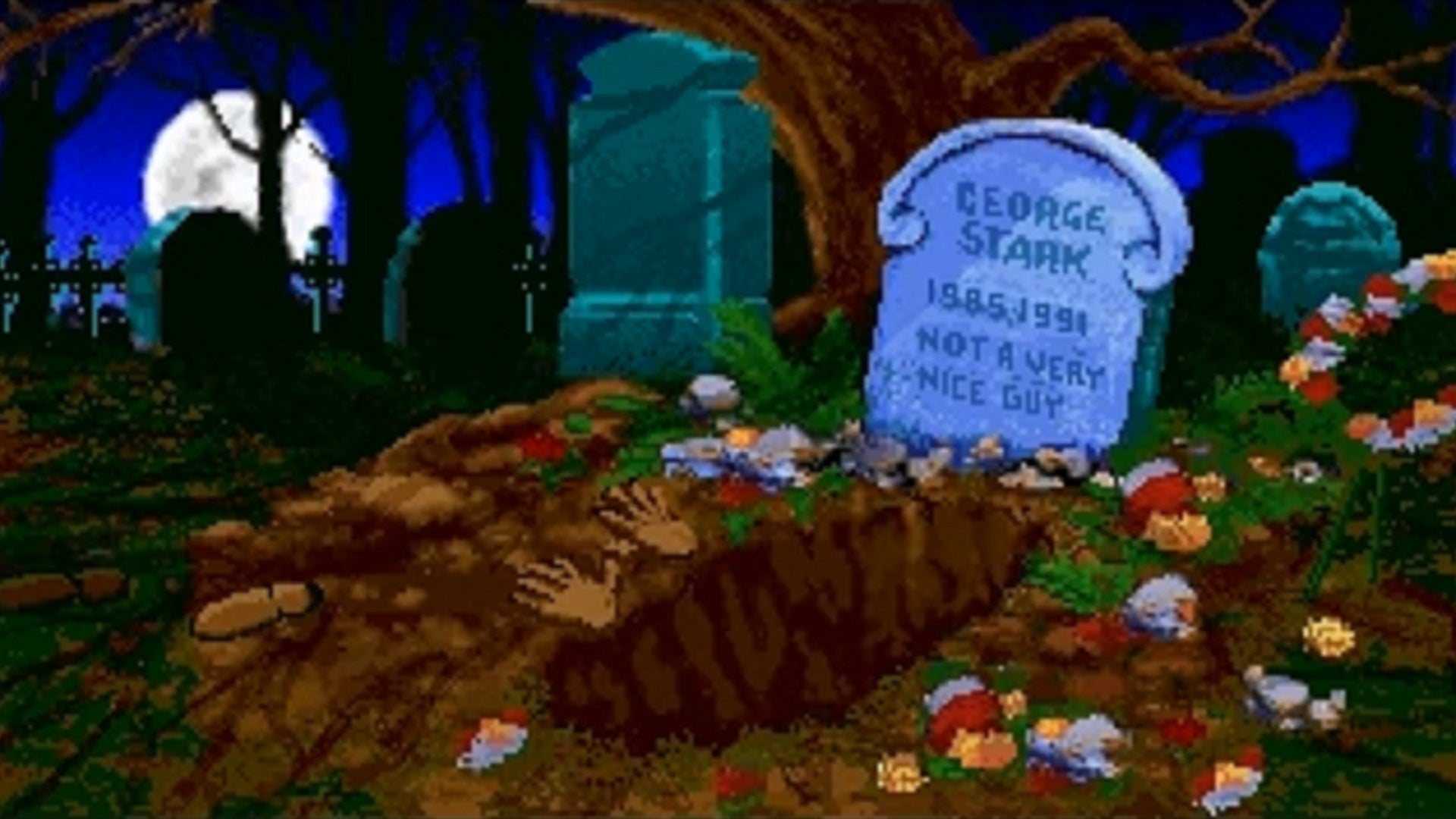 A gravestone in a moonlit cemetery. The inscription reads "George Stark, 1985-1991. Not a very nice guy."
