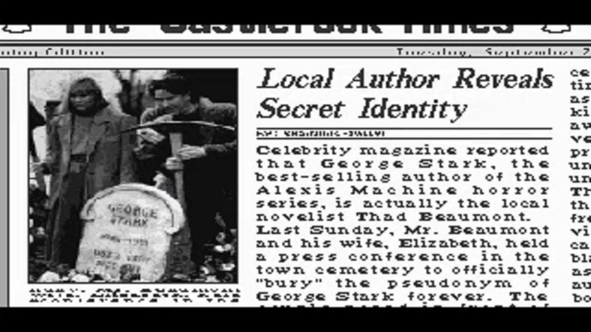 قصاصة صحيفة من لعبة التأشير والنقر في أوائل التسعينيات. العنوان يقرأ "كاتب محلي يكشف عن هويته السرية".