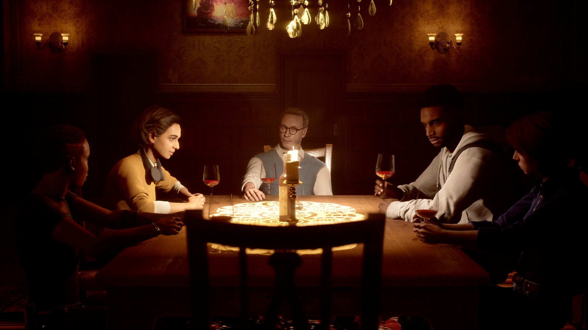 The five player characters from The Devil In Me sit tensely around a dimly-lit dinner table drinking red wine (left to right: Jamie, Erin, Charlie, Mark, and Kate).