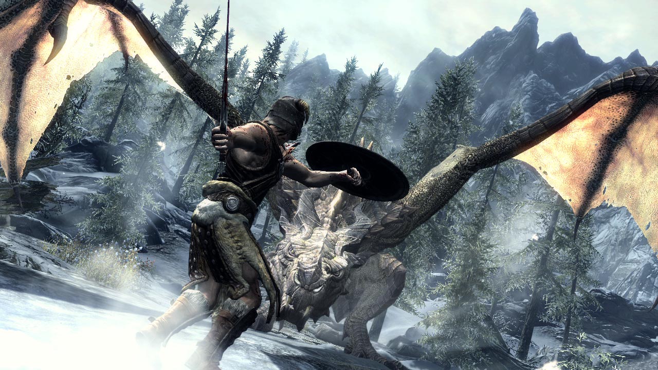 The dragonborn faces a dragon in a Skyrim screenshot.