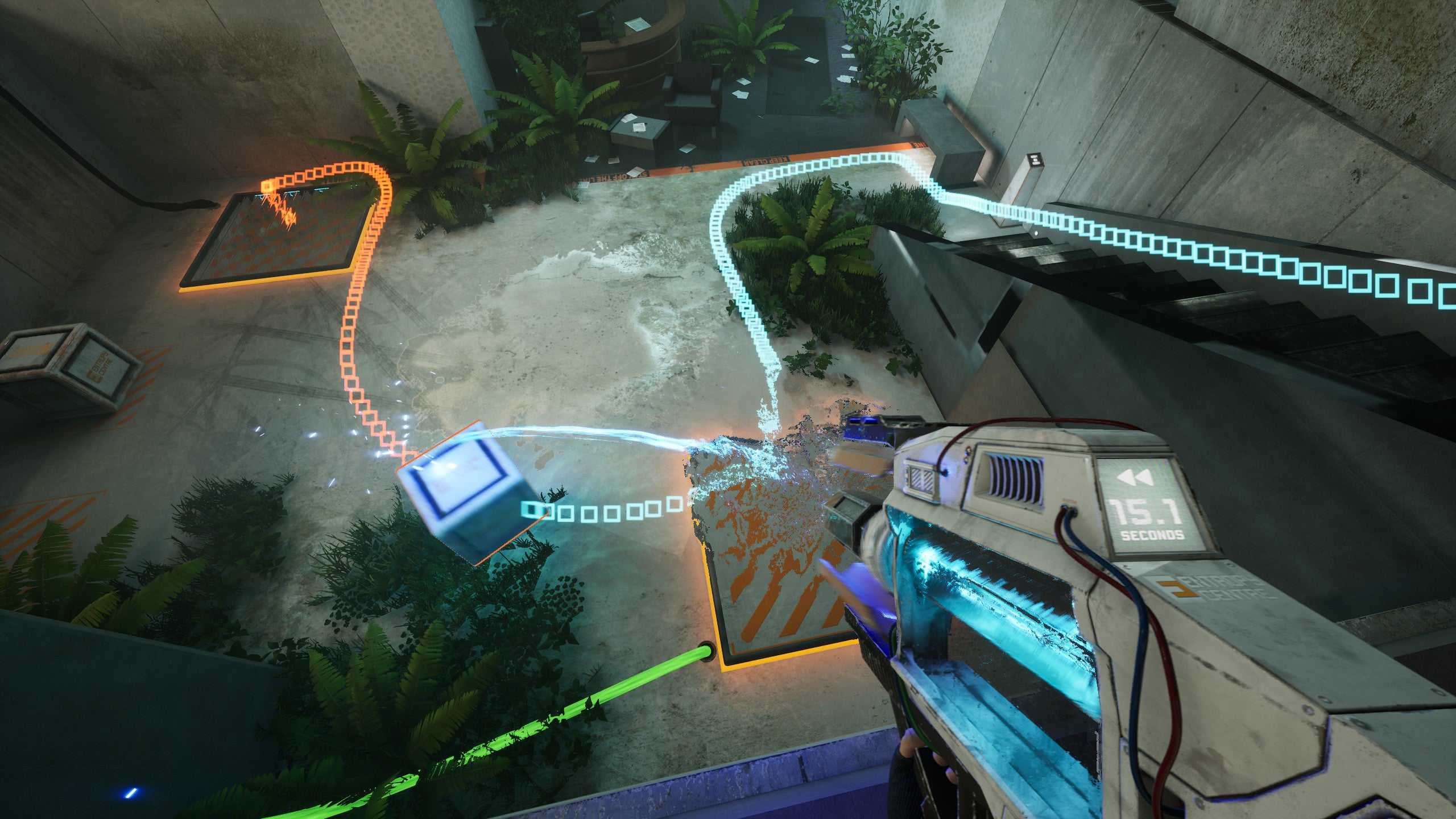 The player fires a time gun down at a blue cube in an overgrown lab scene in The Entropy Centre
