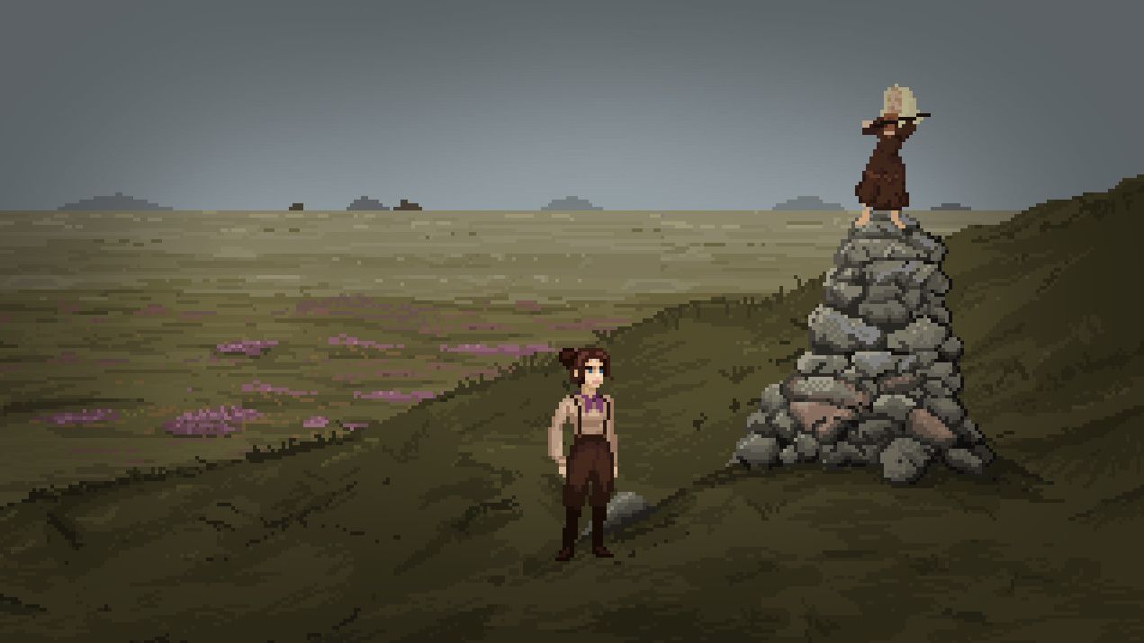 Thomasina, die Hauptfigur in The Excavation Of Hob's Barrow, erkundet die Moore.  Sie blickt auf einen Steinhaufen, auf dem ein kleines blondes Mädchen steht und Geige spielt