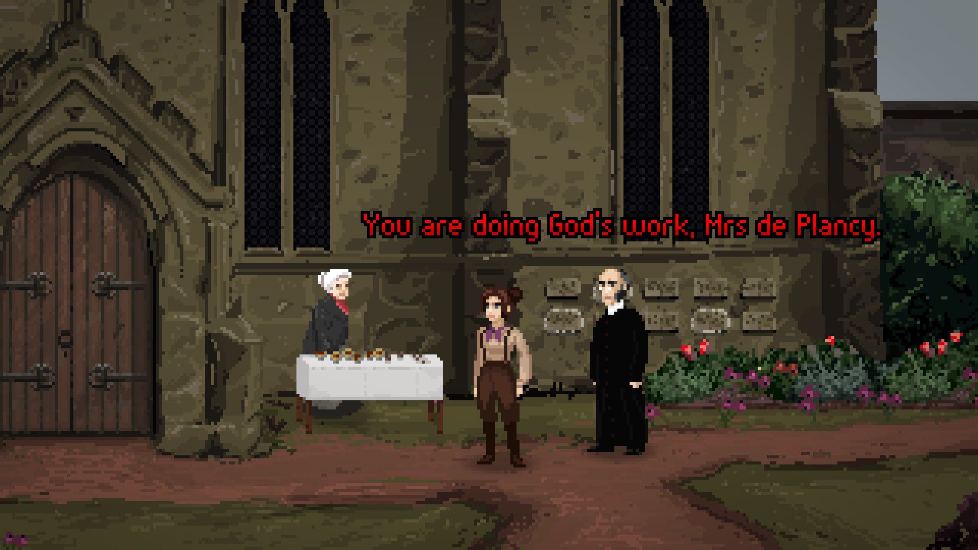 The main character in The Excavation Of Hob's Barrow, Thomasina, stands in front of a church door with a minister.  He says to an elderly woman who runs a cake stand by the door, 
