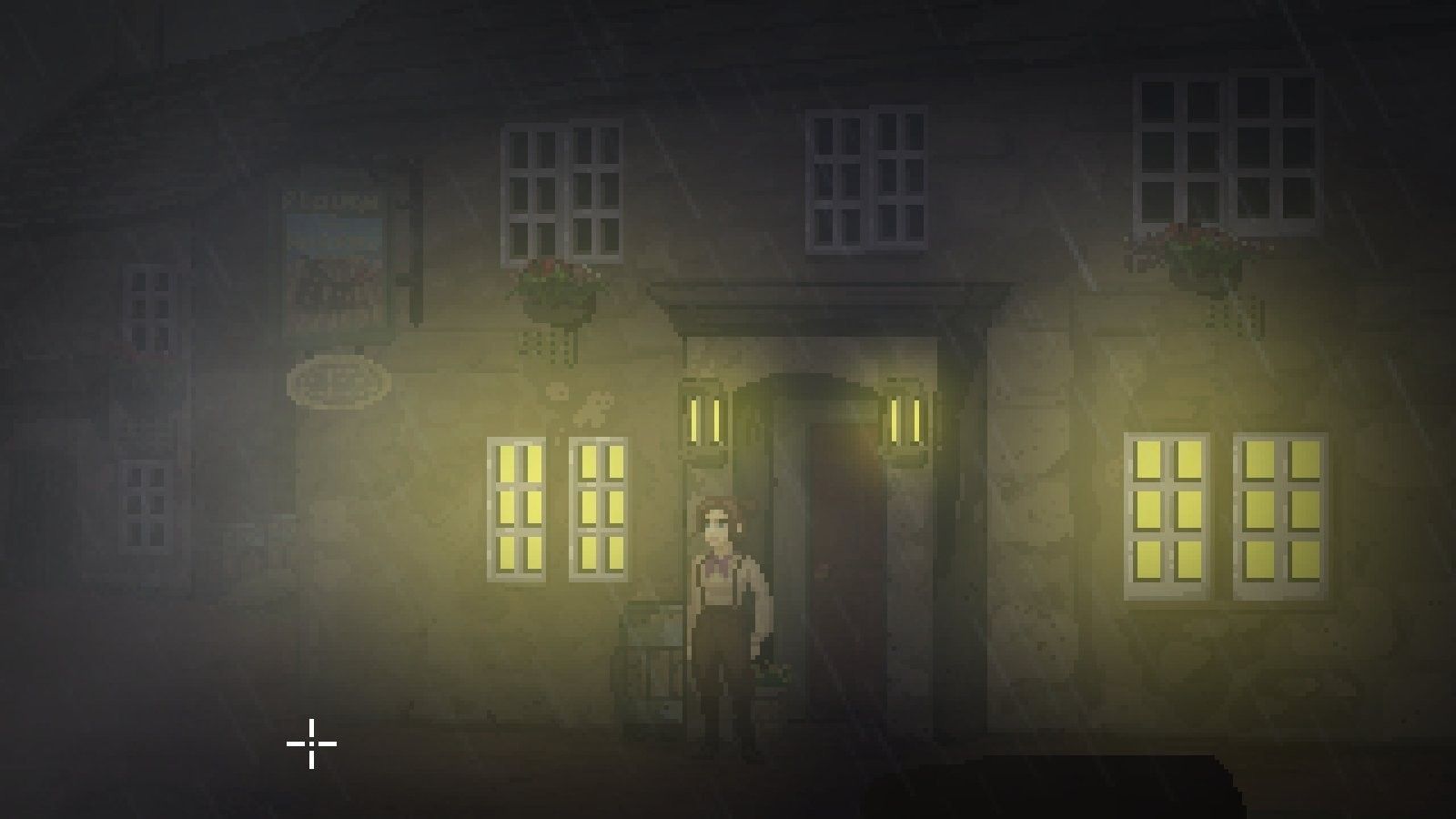 Thomasina stands outside the village pub on a dark, misty night in The Excavation Of Hob's Barrow