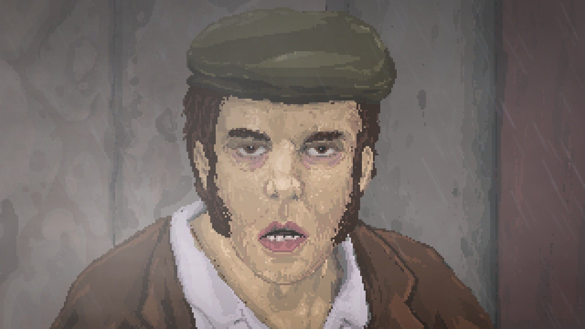A close up of a drunk man, rendered in pixel-art, staring at the player in The Excavation Of Hob's Barrow
