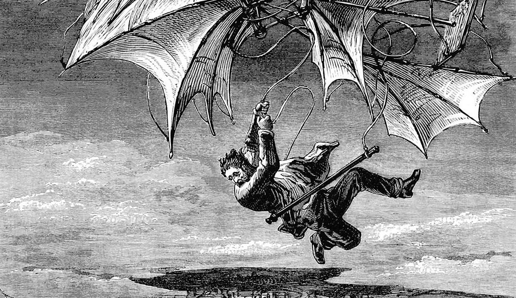 An illustration of a man falling from a flying machine.