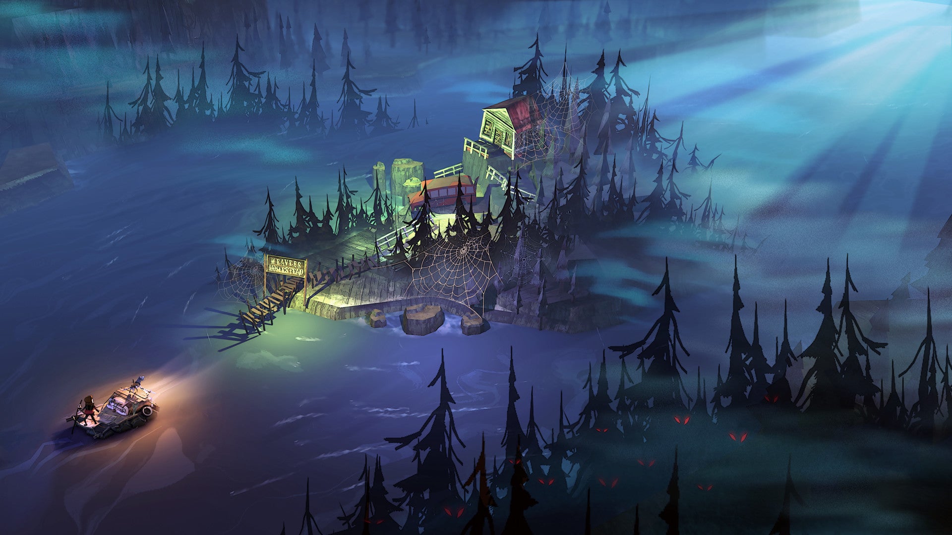 Rafting past a spooky island in a The Flame In The Flood screenshot.