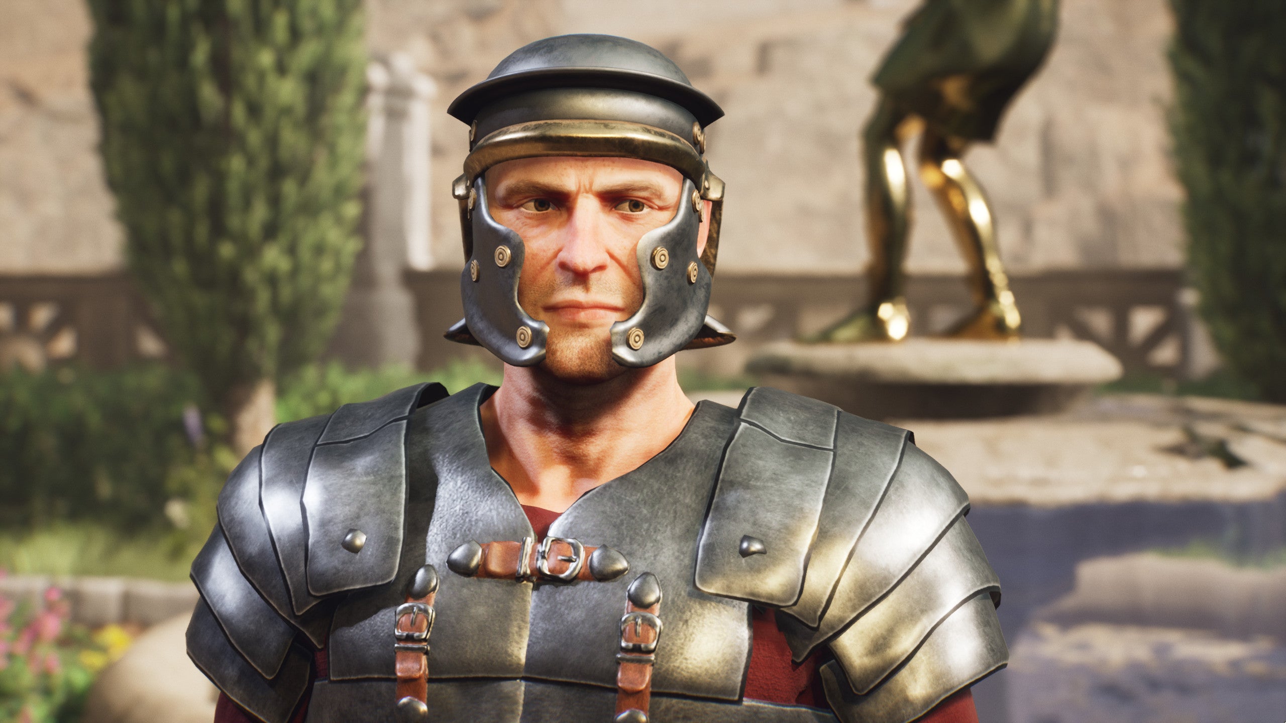 Ancient Roman soldier Horatius poses in a The Forgotten City screenshot.