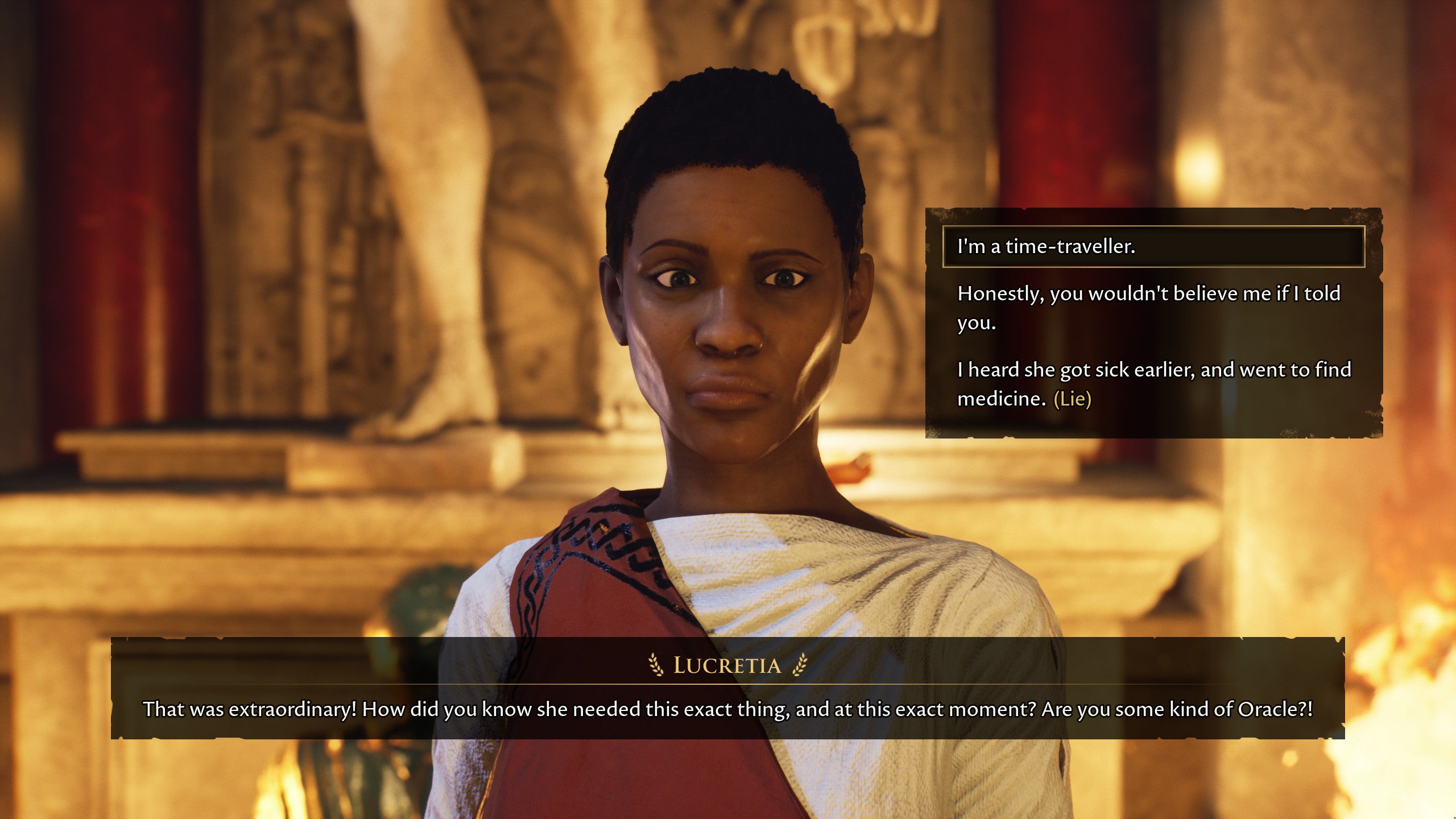 Chatting with Lucretia in a The Forgotten City screenshot.