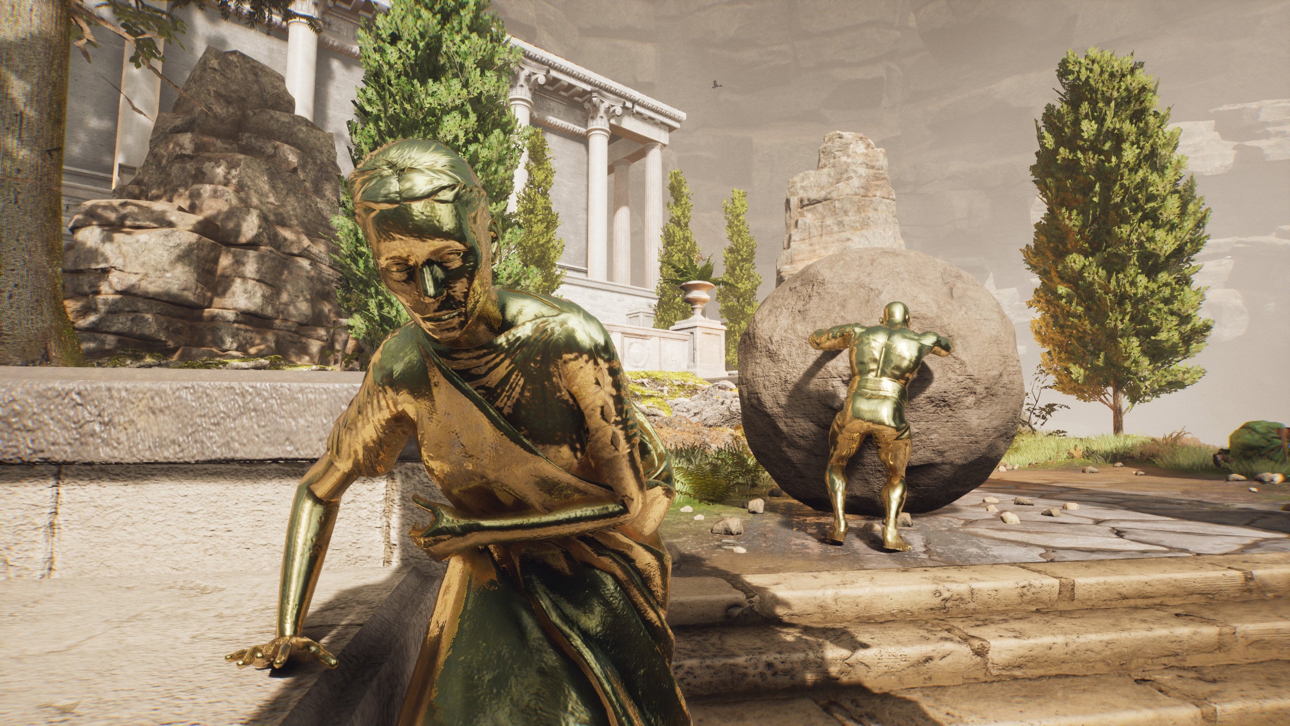 The golden statues in the Forgotten City screenshot.