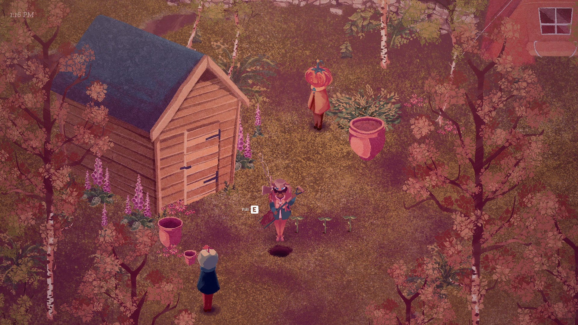 The Garden Path - A player stands beside a cabin with a shovel in hand to plant some crops. A pumpkin-headed villager stands nearby.