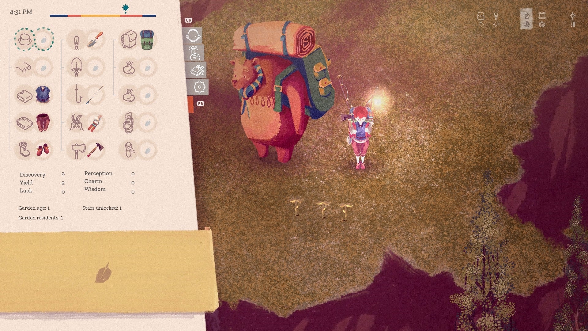 The Garden Path - The player stands beside three planted seeds with a backpack lantern lit next to Augustus the bear while looking at their inventory.