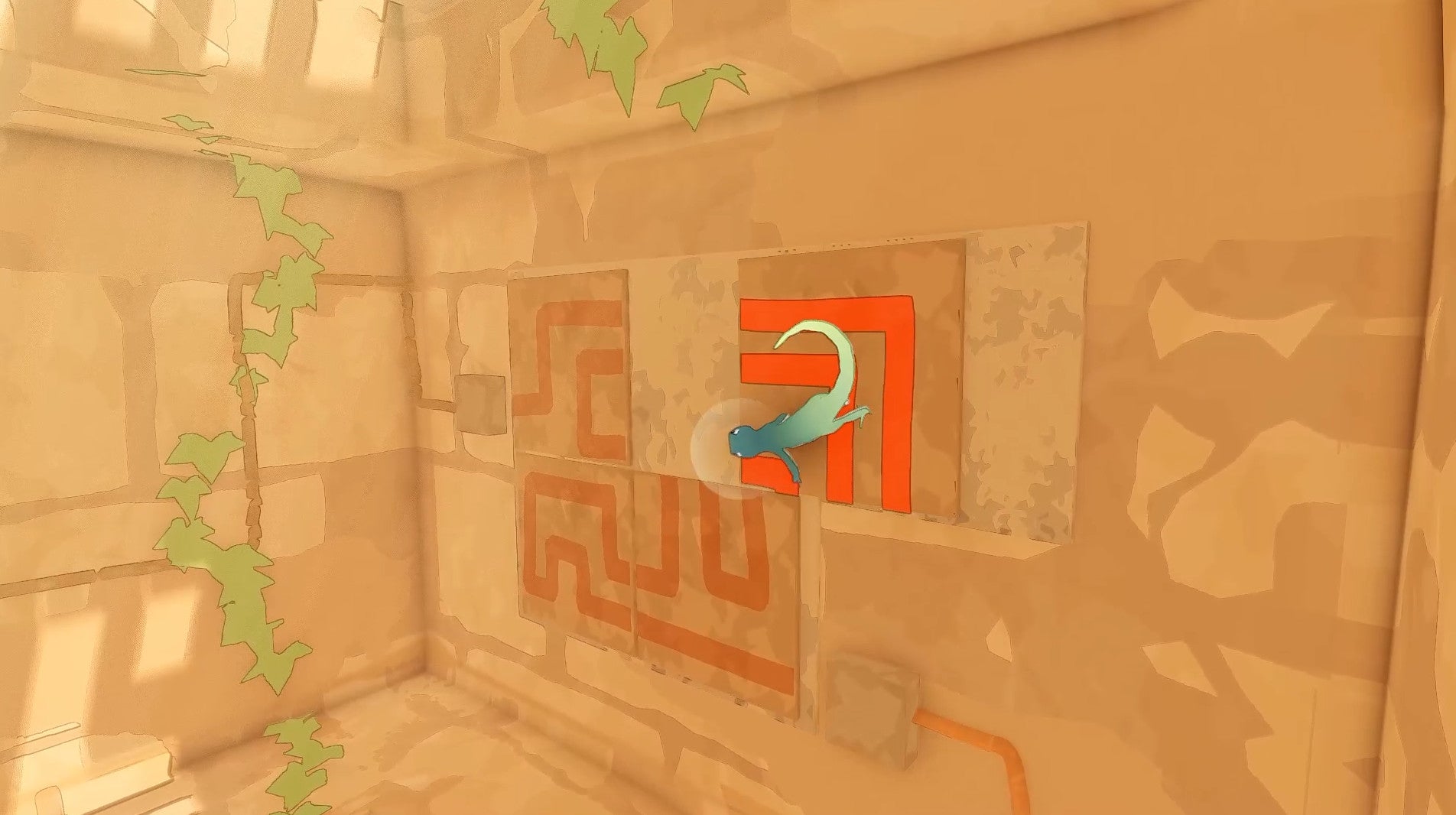 A screenshot of 3D puzzle game The Gecko Gods, showing the blue-green lizard character looking at a mosaic puzzle