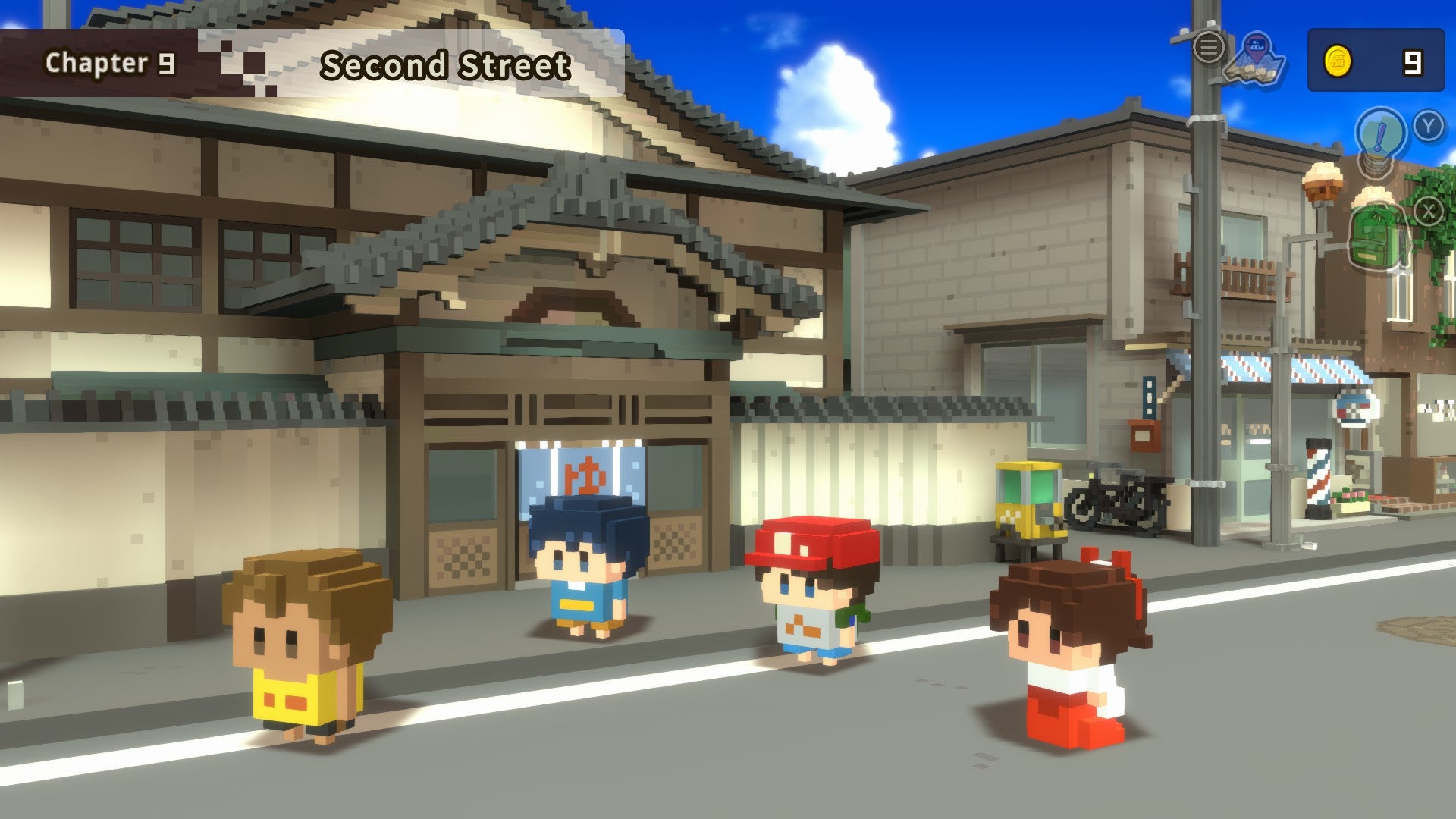 Four voxel children stand outside a Japanese bathhouse in The Kids We Were