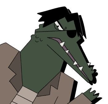 A Later Alligator character portrait of The Knife, an alligator with slick black hair and an eye patch.