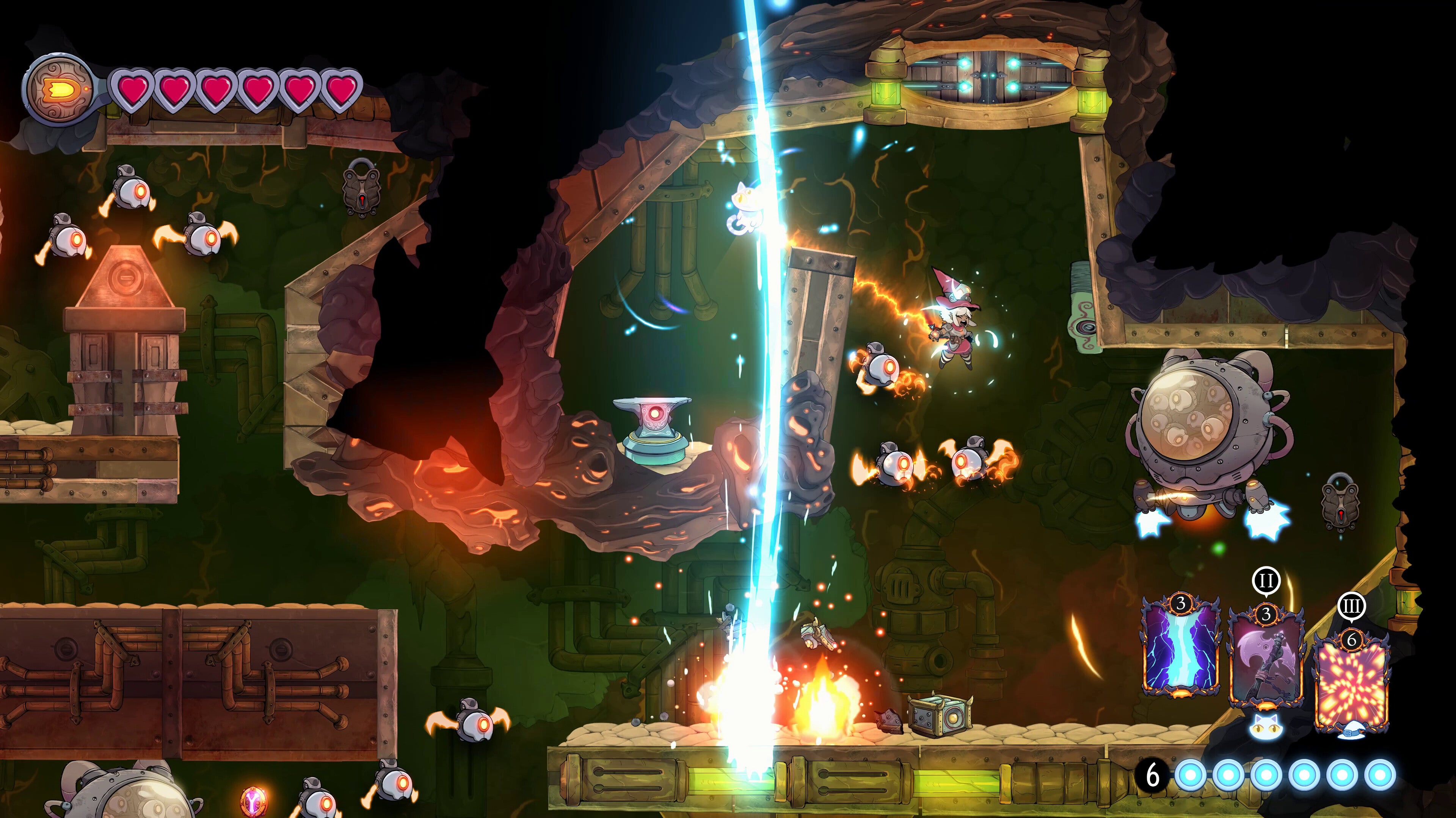 The Knight Witch screenshot showing various robot golems and some spell effects.