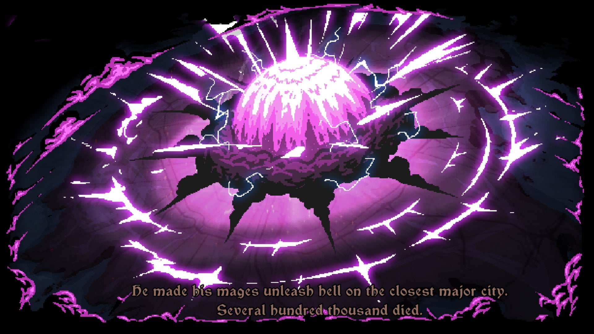A section from the opening sequence of The Last Spell, showing a city exploding in a gigantic ball of purple energy.