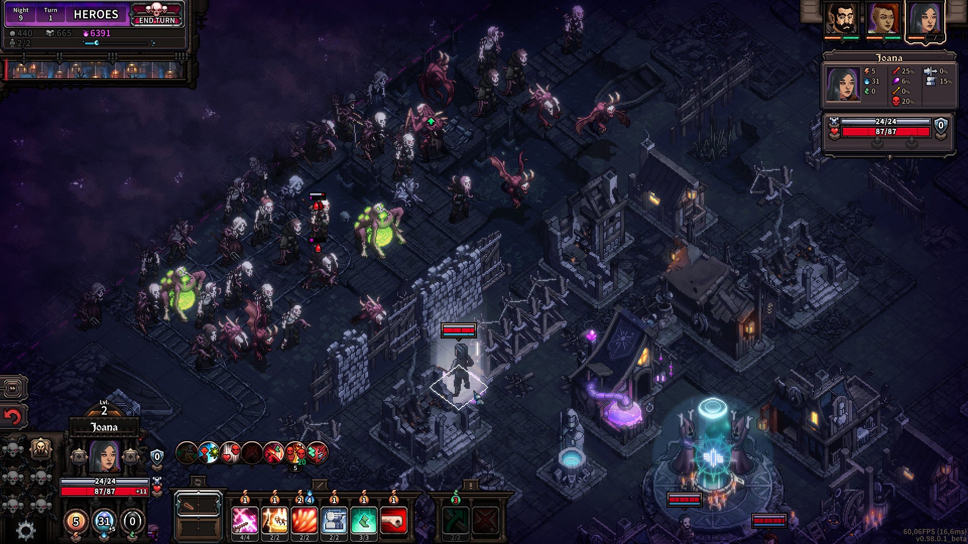 A nighttime raid in The Last Spell, with dozens of mutants on the left attempting to breach the village's walls.