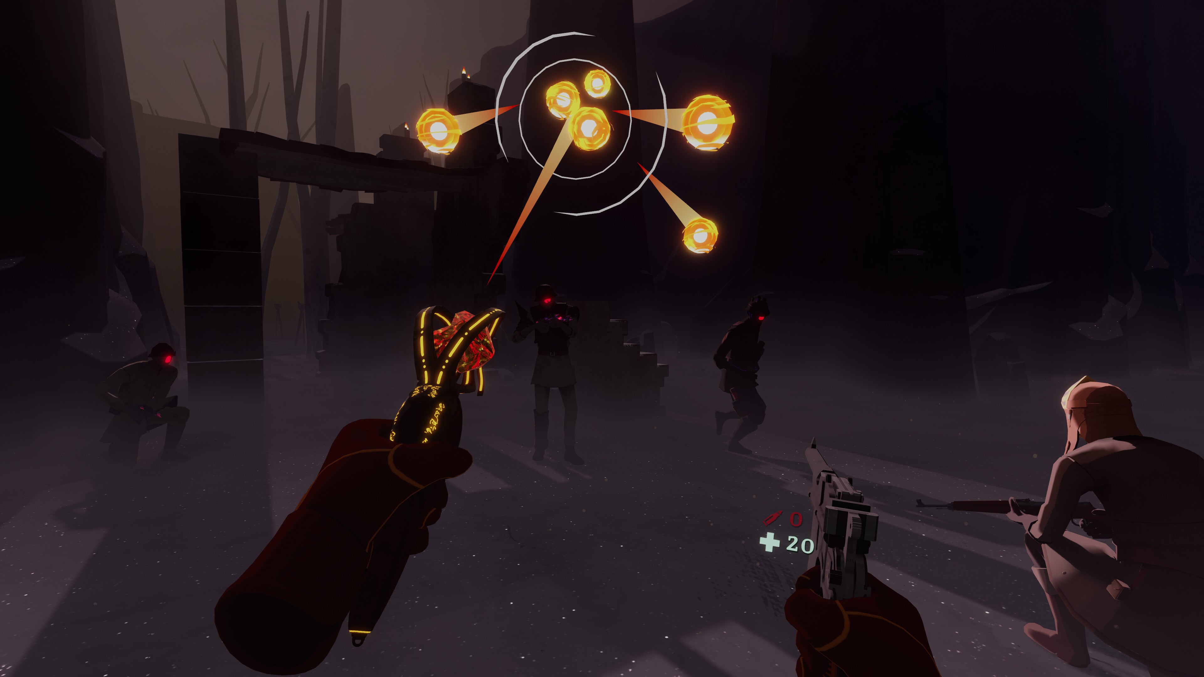 Fire a fireball light spell at some dark, red-eyed enemies in VR roguelike The Light Brigade