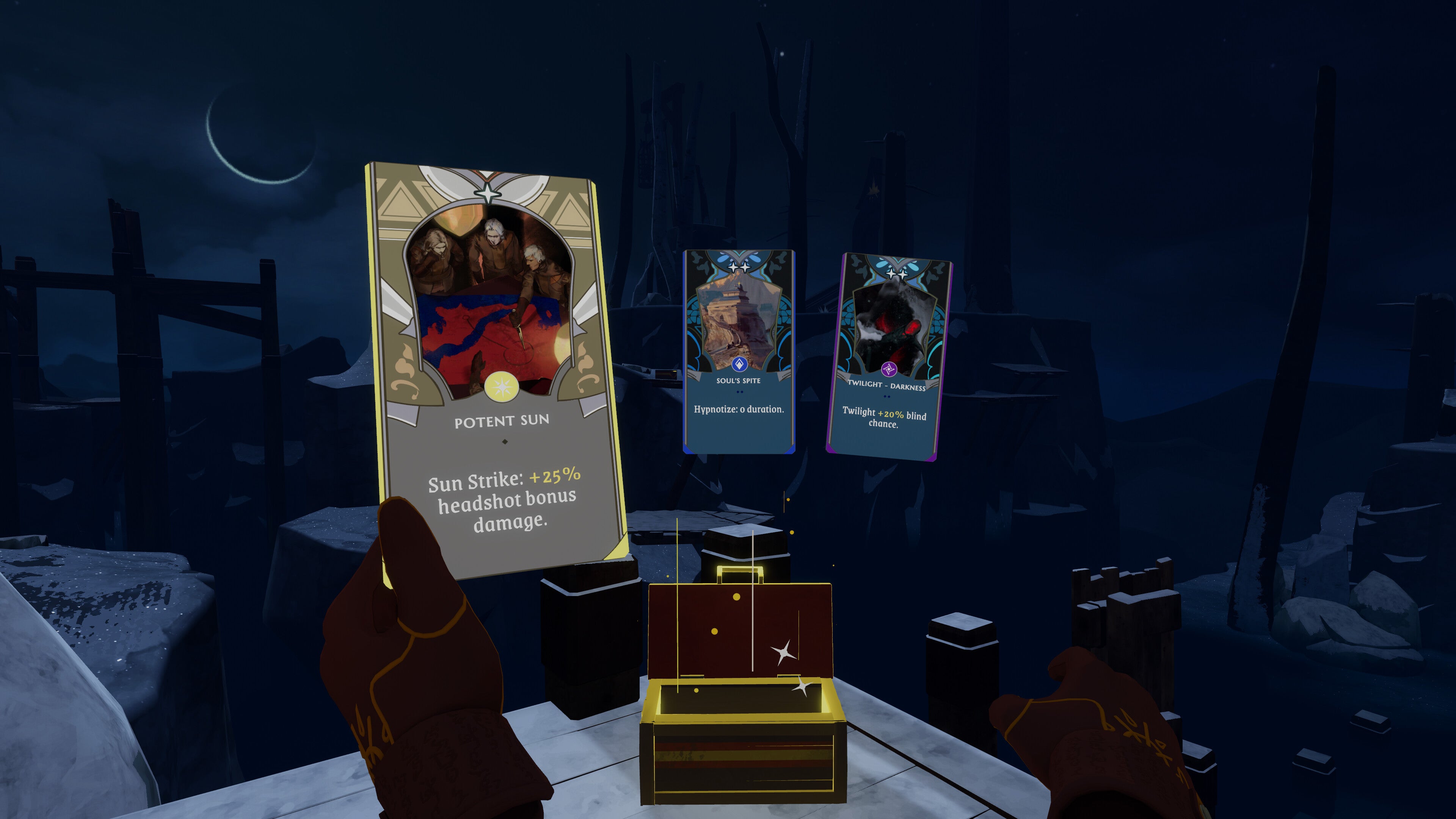 Pick an ability card in VR roguelike The Light Brigade - the player is holding a card called Potent Sun, which takes +25% more damage when shot in the head