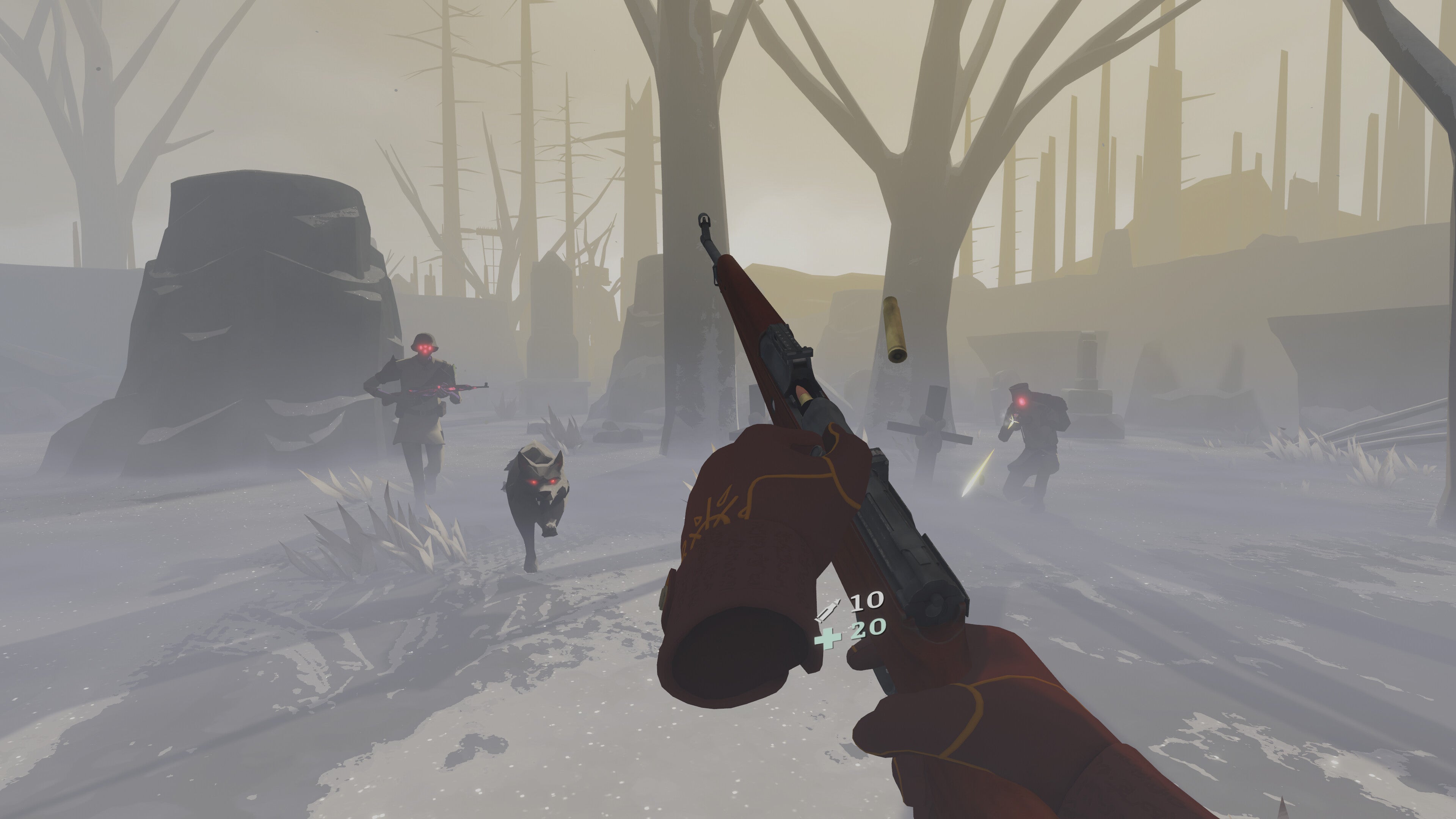 The player reloads their weapon as enemies and dogs run toward them in VR roguelike Reality Bytes