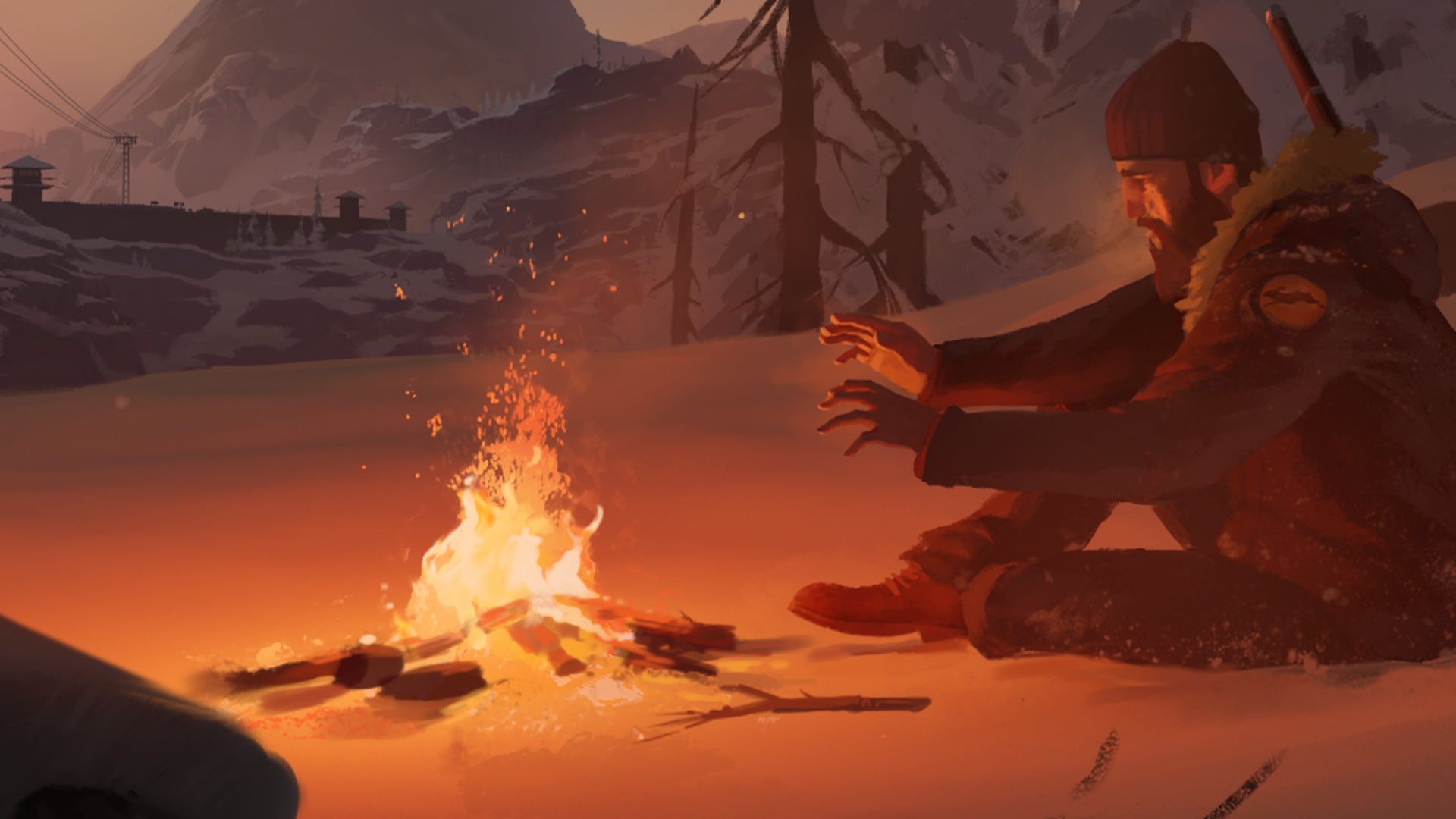 A survivor warms themselves by a camp fire in The Long Dark