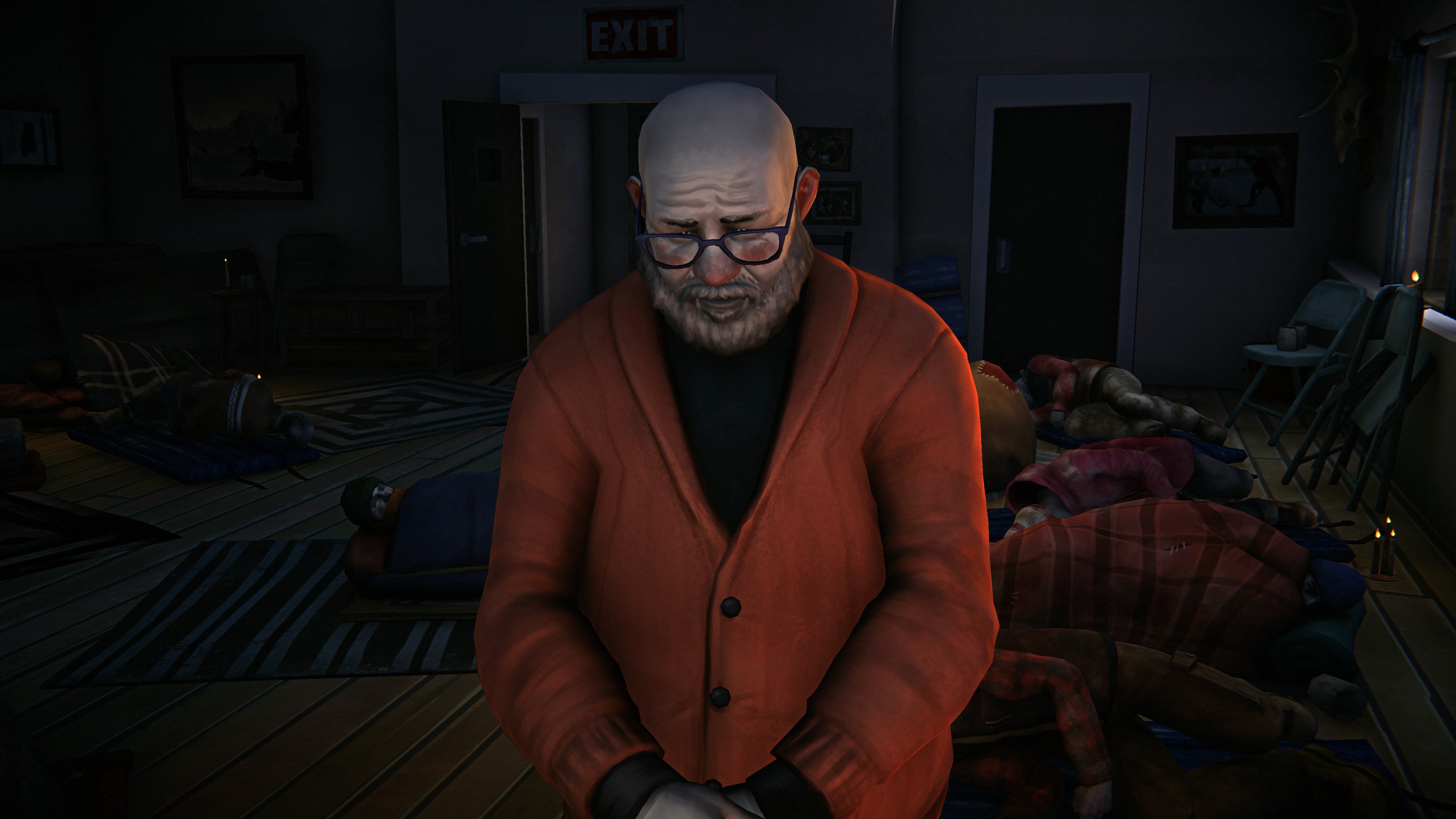 A ruddy man in a room of sleepers in a The Long Dark: Wintermute screenshot.