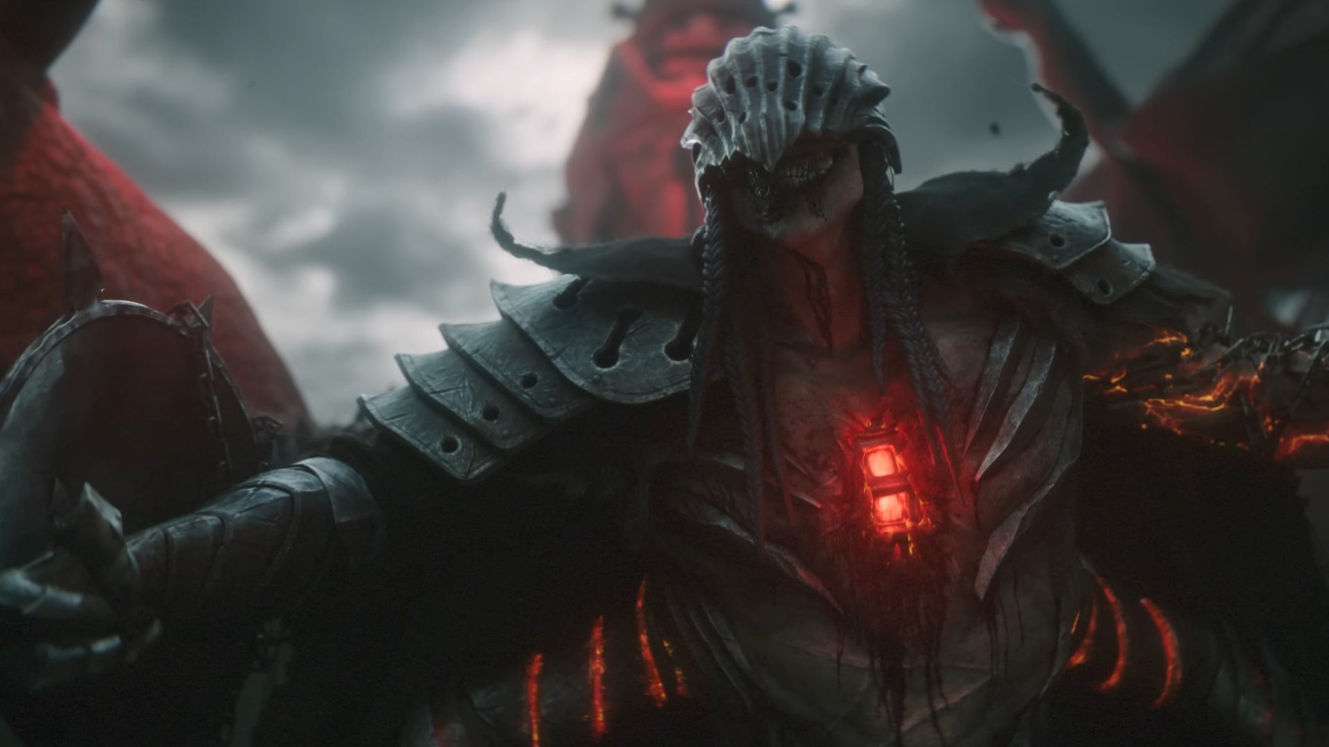 An undead enemy rears up in front of the camera and grins in The Lords Of The Fallen announcement trailer cinematic.