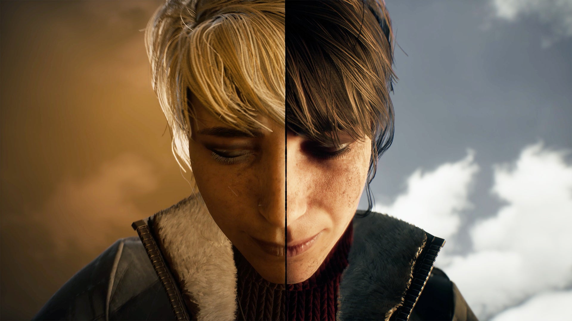 A screenshot of Marianne from The Medium, with half her face in the spirit world and half her face in the real world.