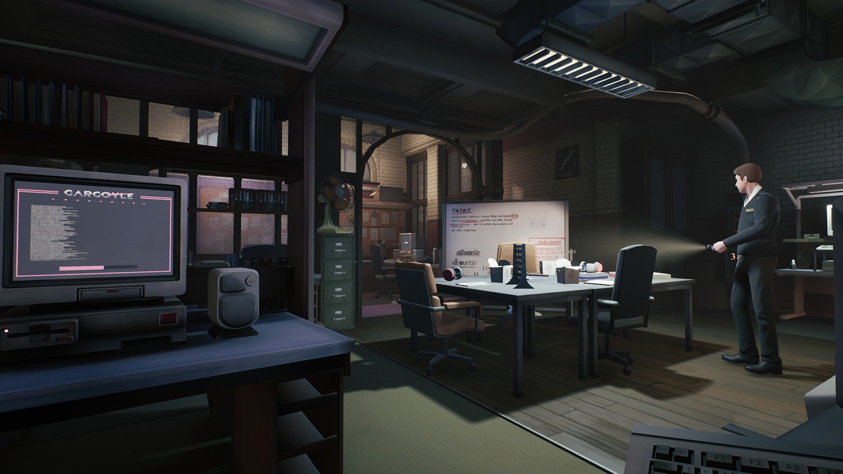 Hiding from an office security guard in a The Occupation screenshot.