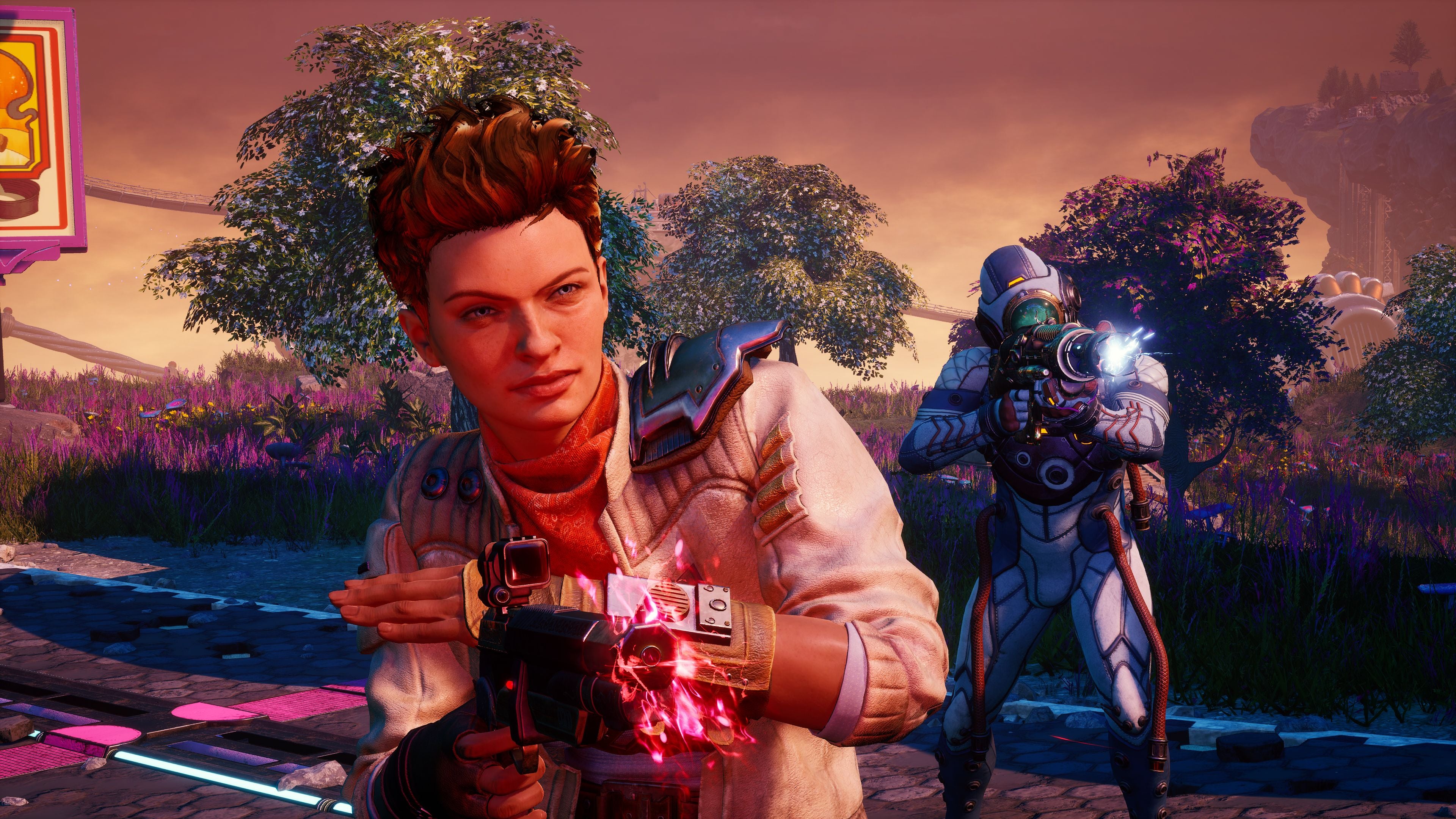 A woman with short hair dressed like a kind of cool Han Solo type fires towards and right of the screen in The Outer Worlds: Spacer's Choice Edition