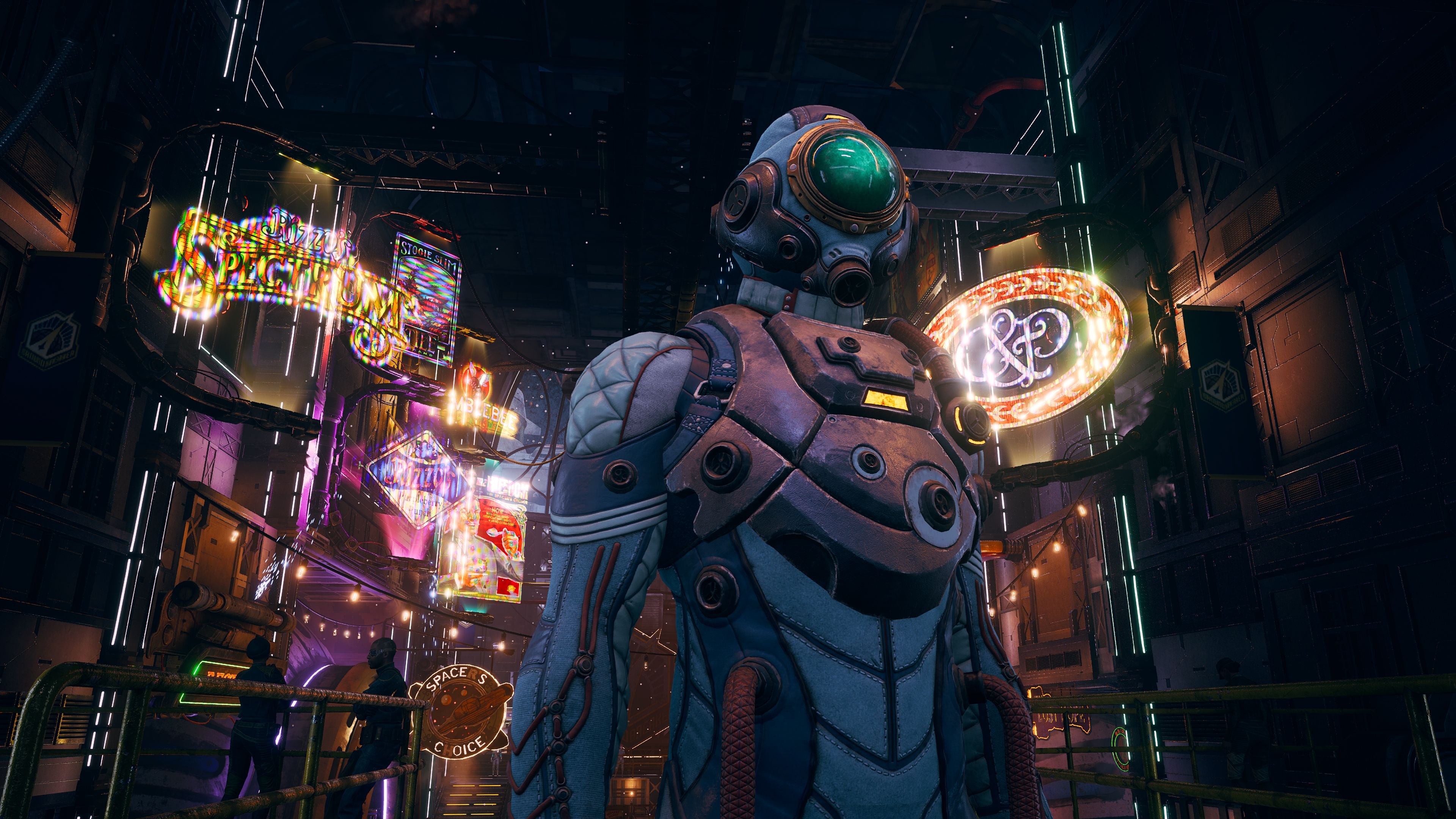 Someone in a futuristic spacesuit that kind of looks like a diving suit stands in front of a lot of holo-neon signs in a space station, in The Outer World's: Spacer's Choice Edition