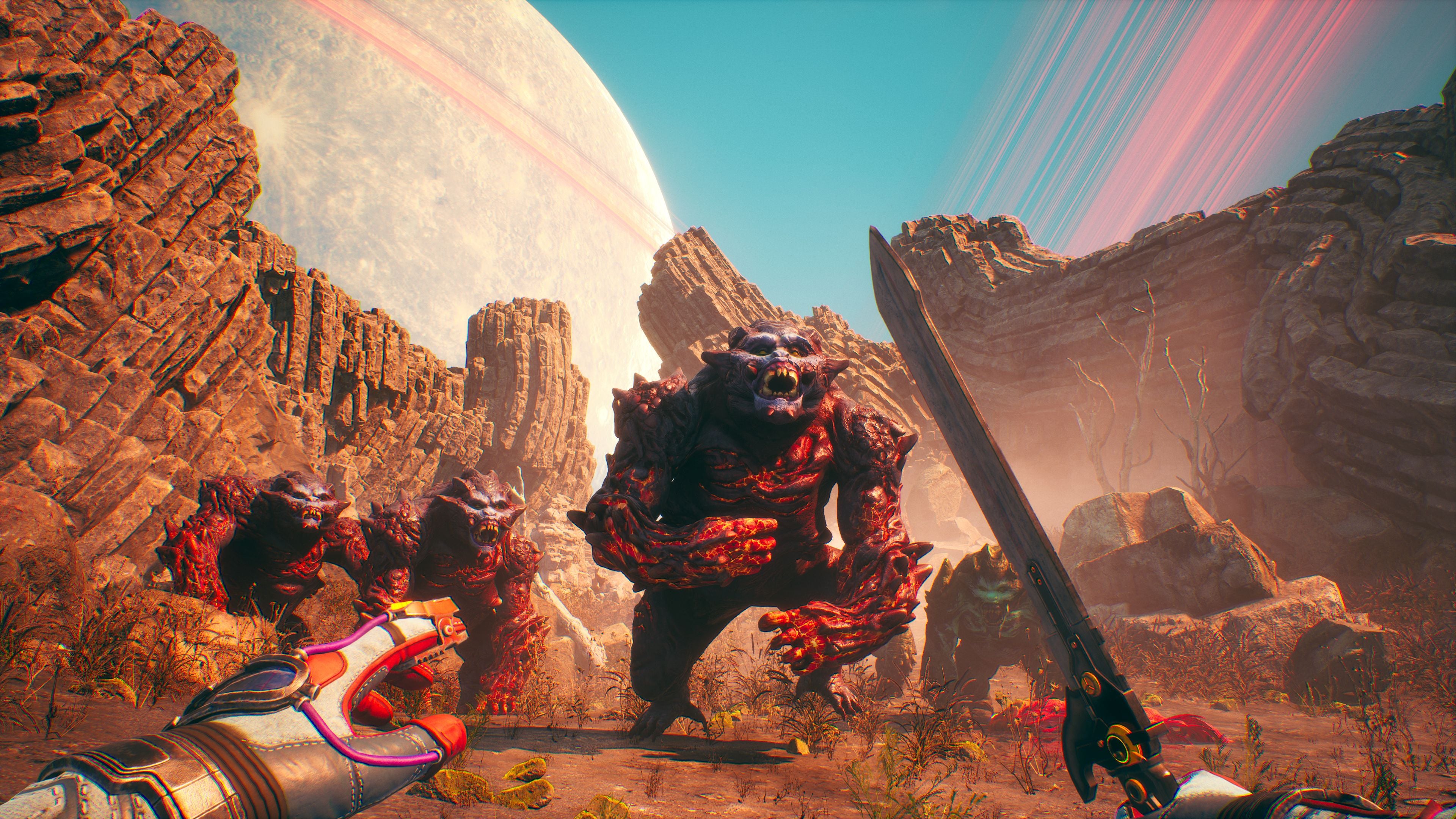 A giant ape made of lava runs at the player character in a rocky landscape in The Outer Worlds: Spacer's Choice Edition