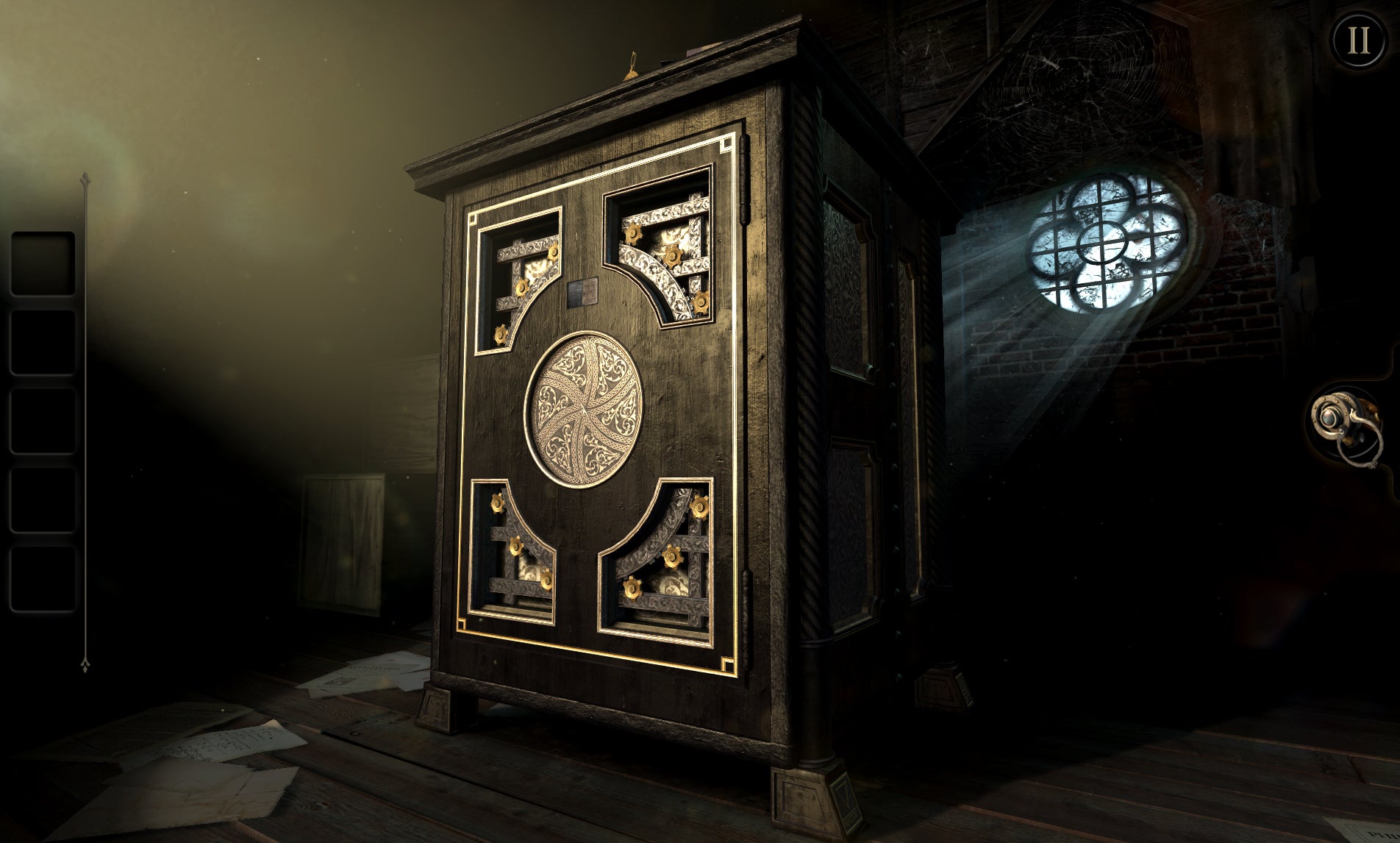 A large puzzle box sits in a dark room in The Room