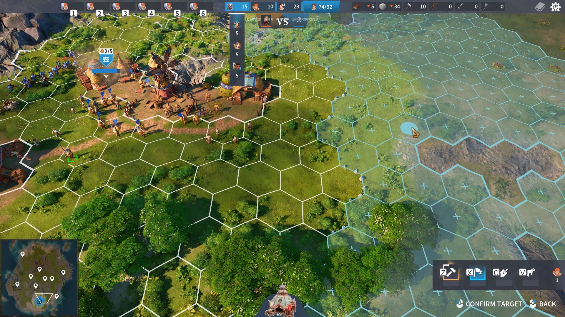 A grassy scene showing a hexagonal lattice of accessible tiles that you can explore in The Settlers