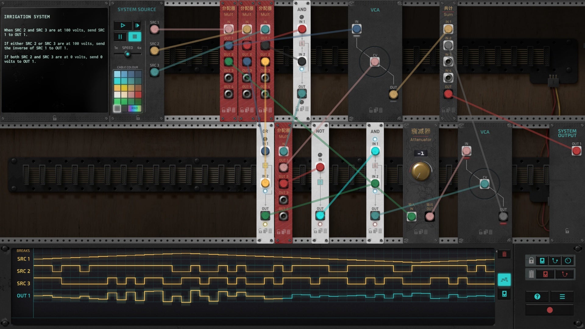 A screenshot of The Signal State, showing synthesizer panels covered in wires and an inscrutable output of lines at the bottom of the screen.