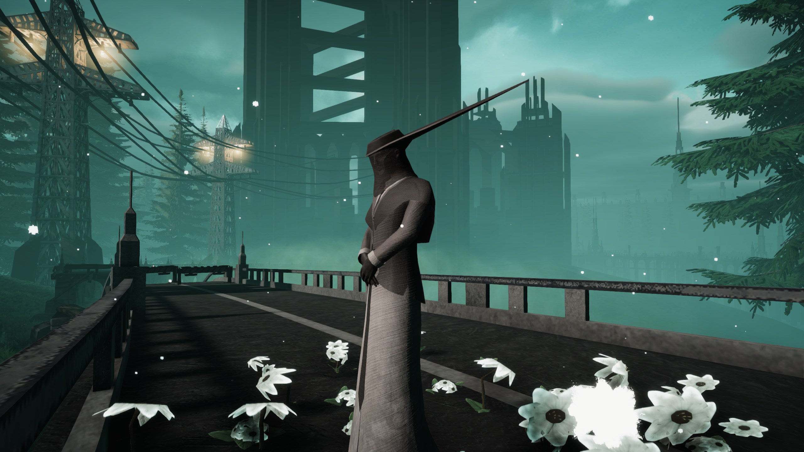 Giant spooky Gothic architecture in the fog in a The Silent Swan screenshot.