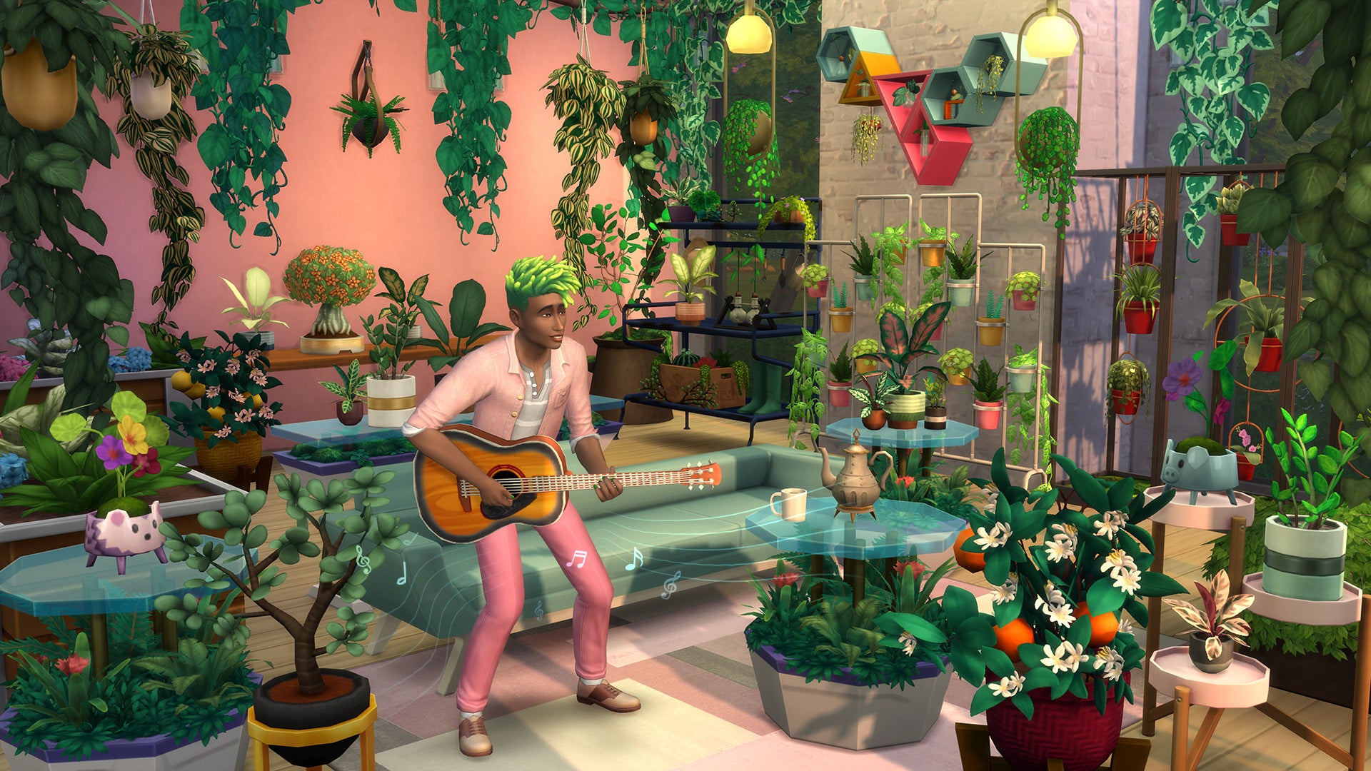 A screenshot of The Sims 4's Blooming Rooms Kit showing a green-haired sim in a living room filled with plants.