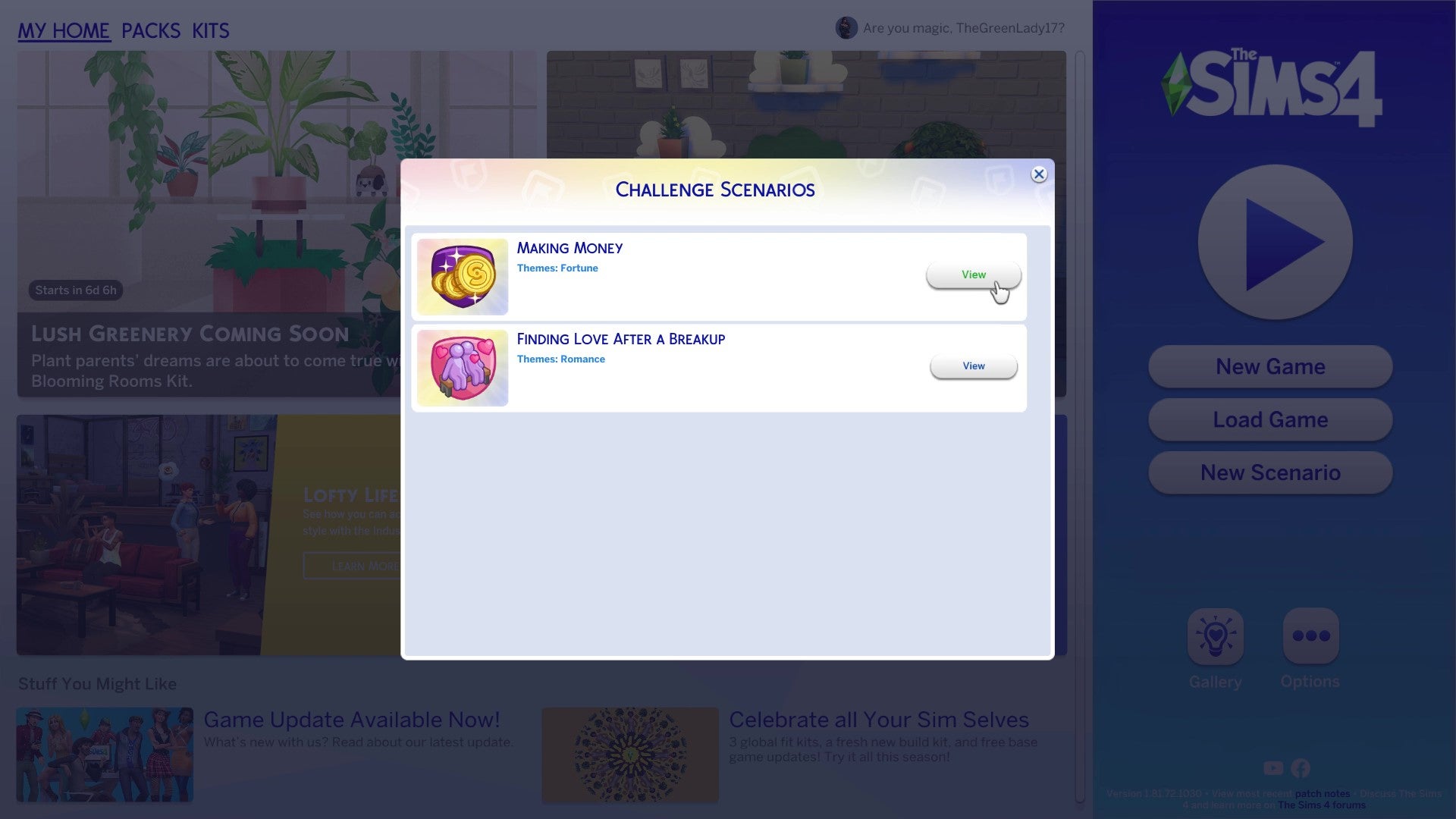 Всплывающее окно выбора сценария в главном меню игры The Sims 4.